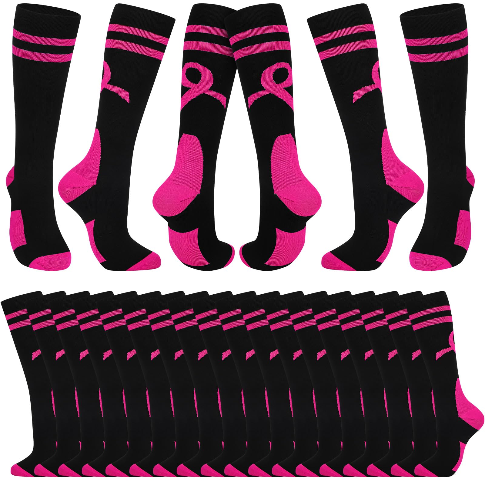 24 Pairs Breast Cancer Awareness Socks - Pink Ribbon Calf Socks for Women & Men - Soft Comfortable Athletic Socks for Softball, Soccer, Football - Show Support for Cancer Survivors & Awareness Campaigns