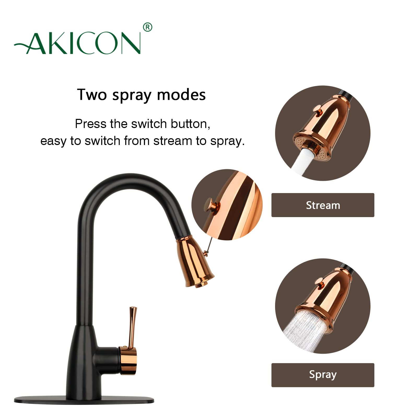 Akicon Matte Black & Rose Gold Pull Down Kitchen Faucet - Single Handle Deck Mount with Sprayer - 5 Year Warranty - Ideal for Modern Farmhouse & Contemporary Kitchen Renovations
