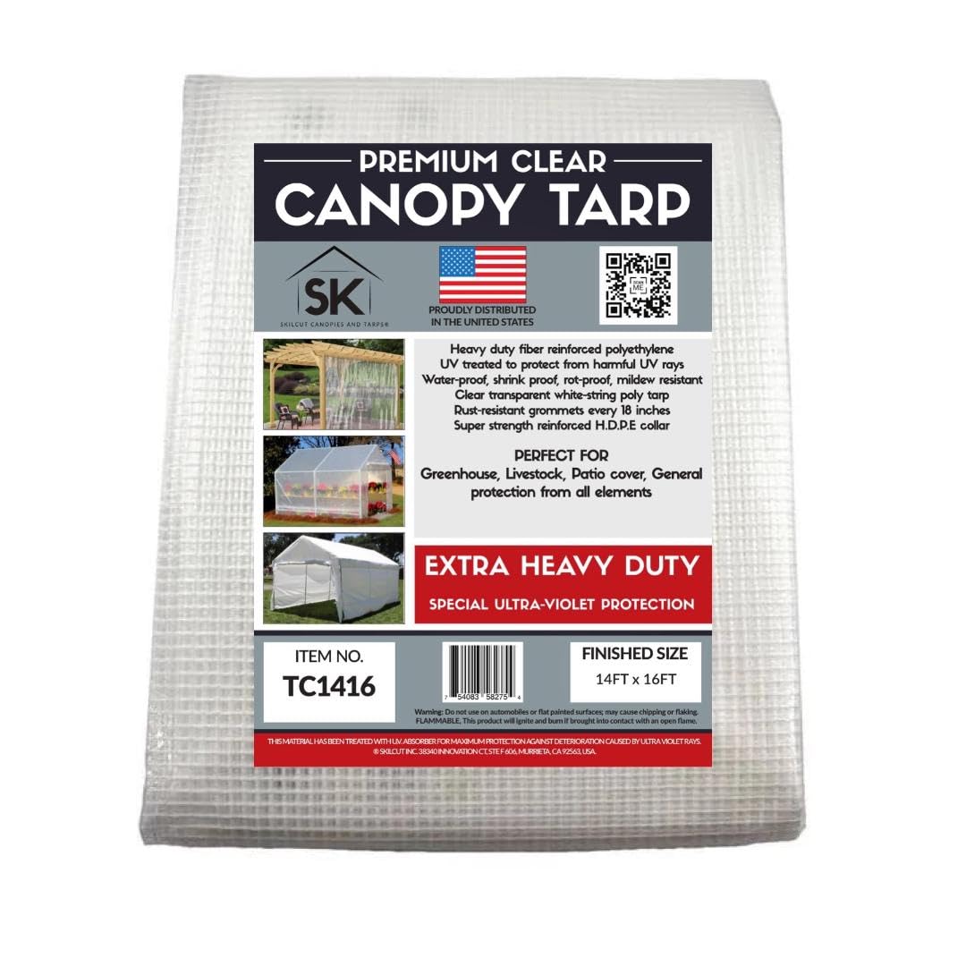 16 Mil Heavy Duty Clear Poly Tarp with Fiber Reinforcement - 14x16 FT UV Resistant, Tear Proof, Flexible Waterproof Cover with Reinforced Corners for Camping, Construction, Boat & Equipment Protection