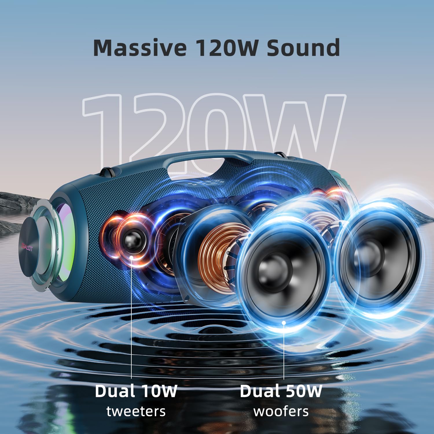 ZEALOT 120W Portable Bluetooth Speaker with Booming Bass, IP67 Waterproof, Built-in LED Lights & Power Bank | Wireless Outdoor Speaker for Camping, Beach, Pool Parties, Hiking & Home Use (Blue)