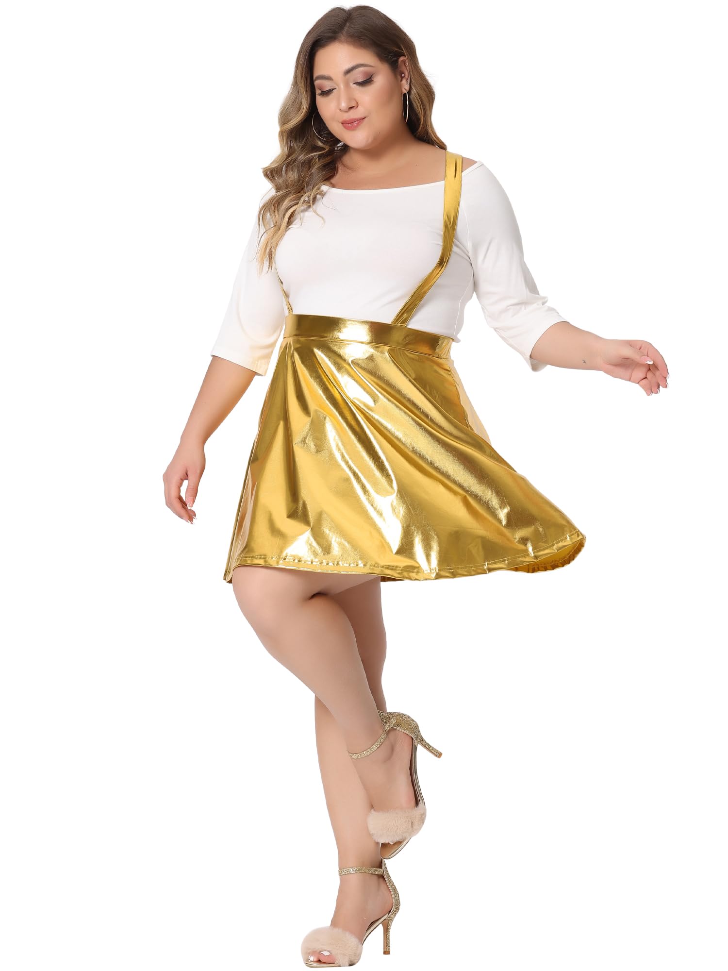 Agnes Orinda Plus Size Shiny Metallic Suspender Skirt for Women - High Waisted Holographic Rave Skirt - Perfect for Club Parties, Festivals & Night Out