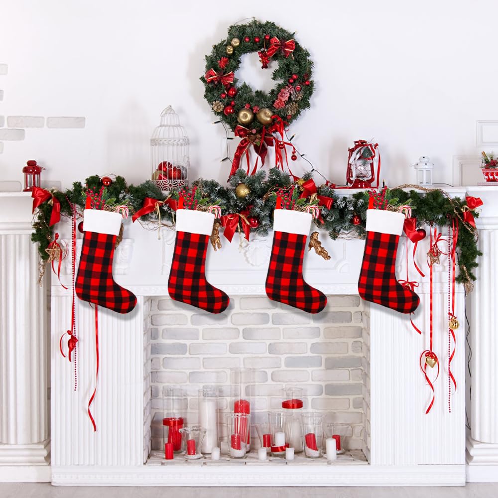 YUJUN 6 Pack 22 Inch Christmas Stockings - Large Buffalo Plaid Holiday Stockings in Black & Red for Fireplace, Tree & Party Decor | Perfect for Family Christmas Celebrations & Festive Home Decorations