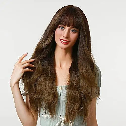 Heat Resistant Brown Blend Wig with Bangs - Natural Look for Daily Wear, Cosplay & Costume Parties
