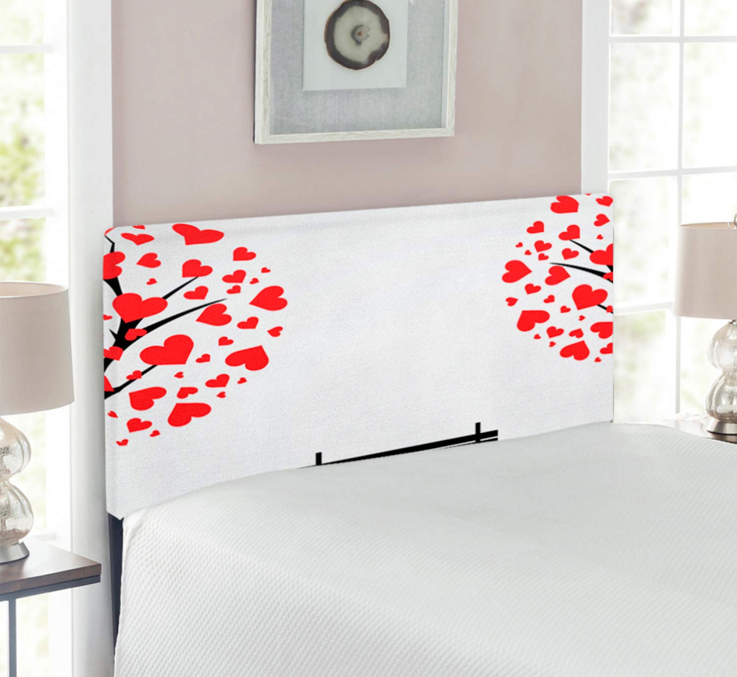 Ambesonne Tree of Life Headboard - Romantic Nature Design with Heart-Shaped Leaves & Bench, Upholstered Metal Bed Headboard with Memory Foam, Twin Size in Black Red White - Perfect for Master Bedroom, Guest Room & Bohemian Decor