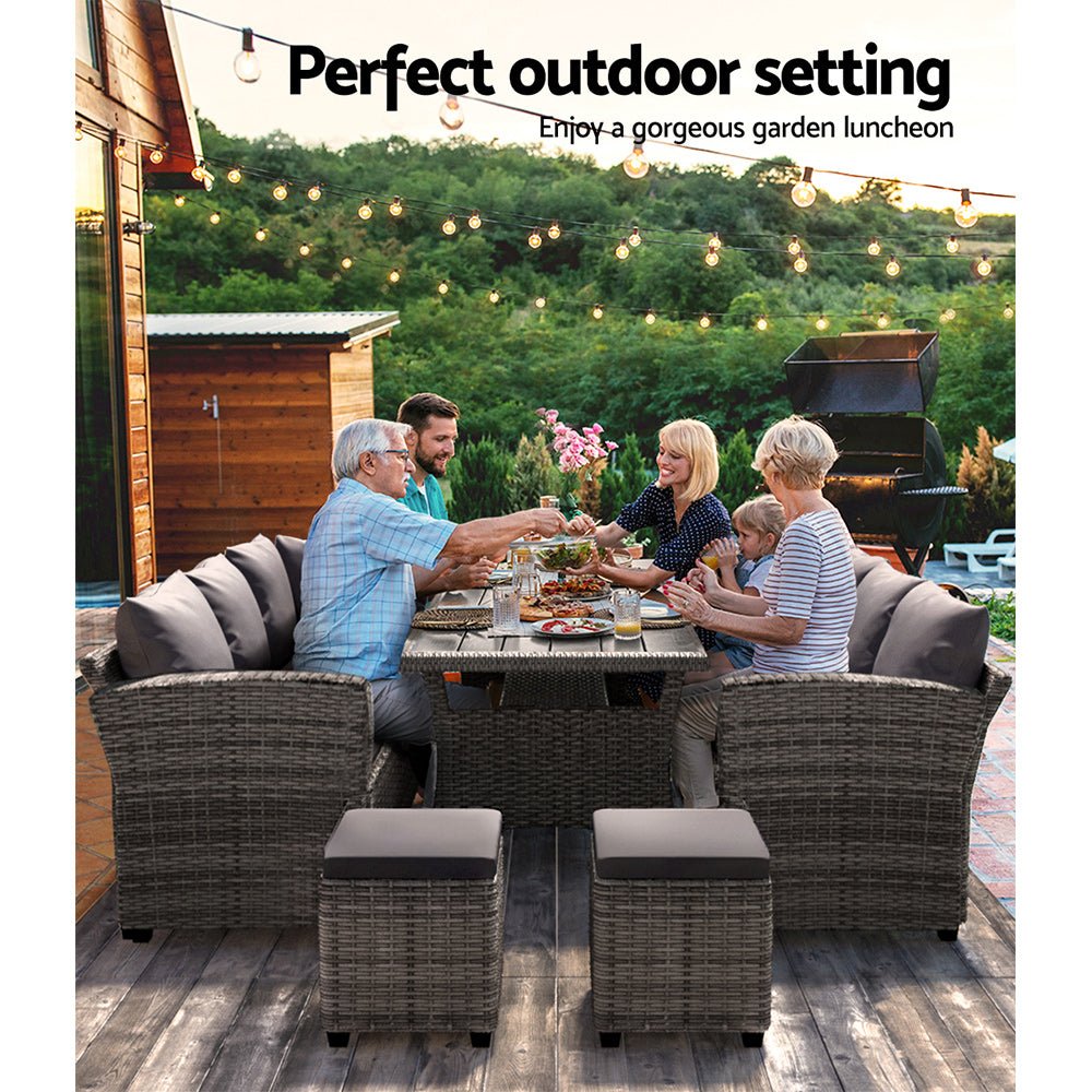 9-Piece Outdoor Wicker Patio Dining Set with Mixed Grey Cushions - Perfect for Backyard BBQs, Poolside Lounging & Garden Entertaining