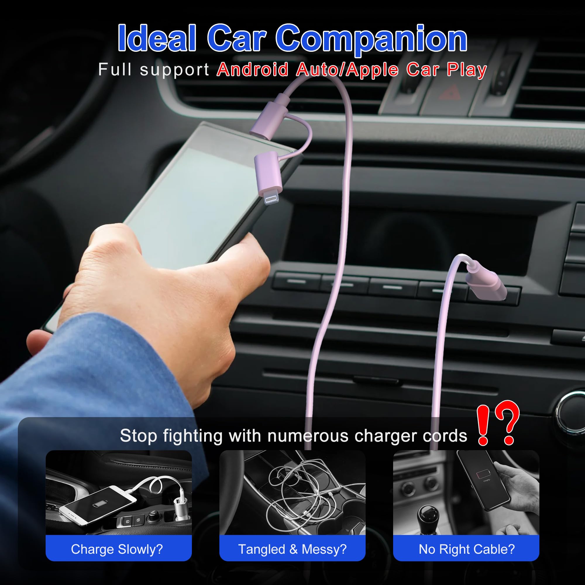 4-in-1 Coiled USB C to Lightning Cable - 60W PD Fast Charging & Data Sync - 6FT Multi Charging Cable for iPhone, iPad, Android - Compatible with Apple CarPlay & Android Auto - Includes USB/USB-C to USB-C/Lightning Connectors - Pink (Perfect for Car, Home & Office Charging)