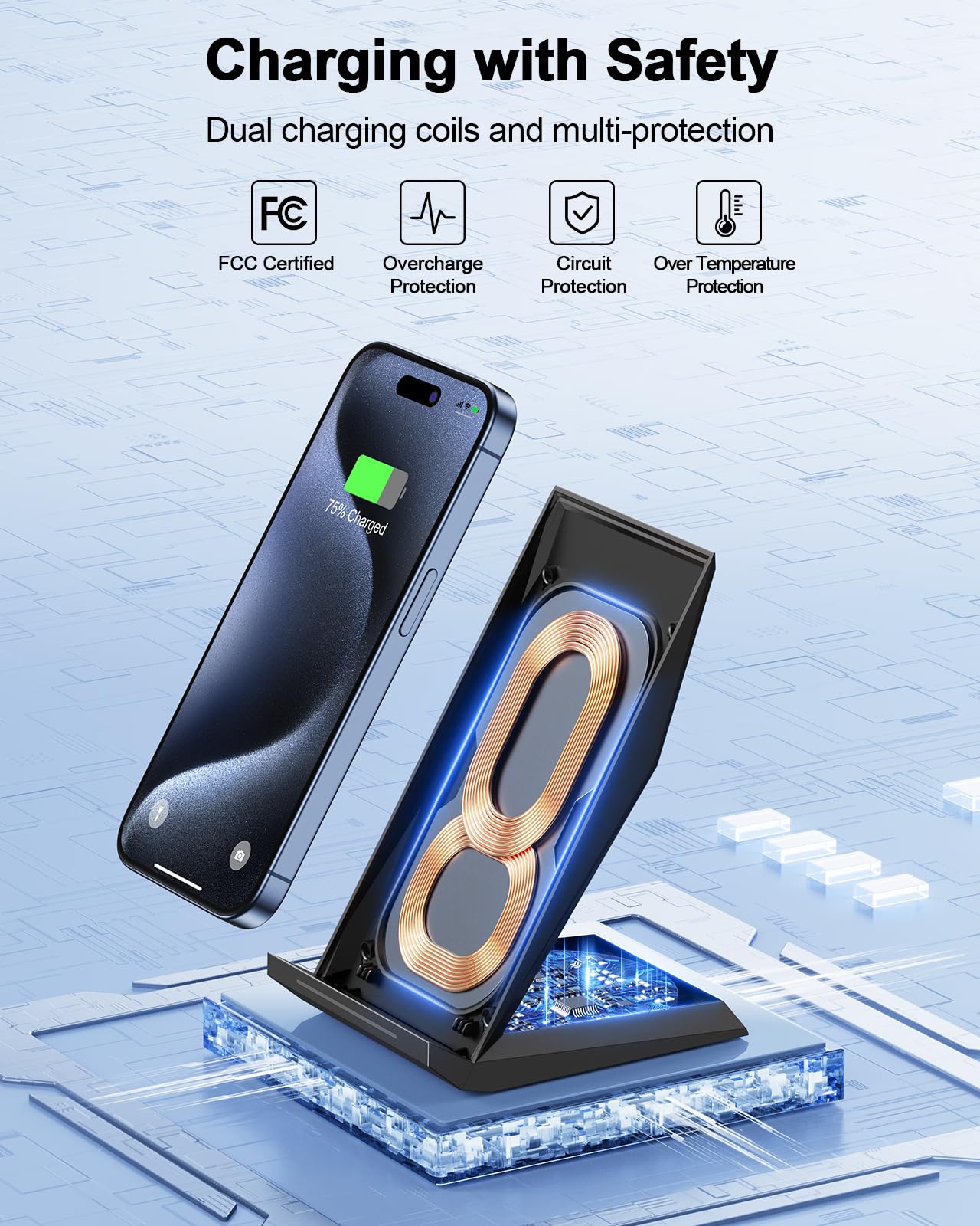 NANAMI Fast Wireless Charger - Qi-Certified 15W Wireless Charging Stand & Pad Set for iPhone 15/14/13/12/11 Pro Max, Samsung Galaxy S24/S23/S22/S21/Note 20, AirPods Pro - Perfect for Home, Office & Travel Charging