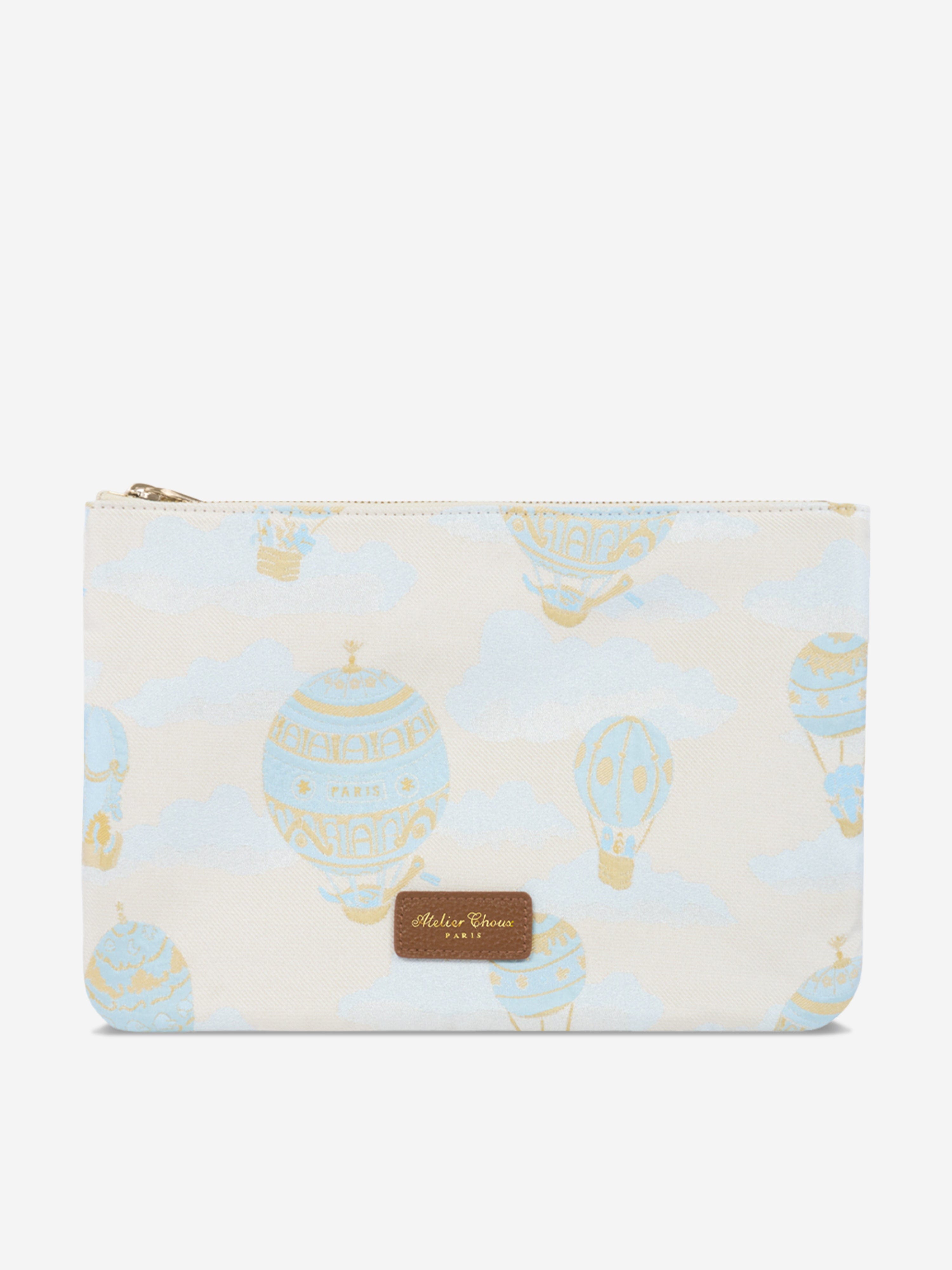Atelier Choux Blue Baby Hot Air Balloons Pouch - 31cm Soft Cotton Storage Bag for Diapers, Toys & Essentials | Perfect for Nursery, Travel & Baby Showers