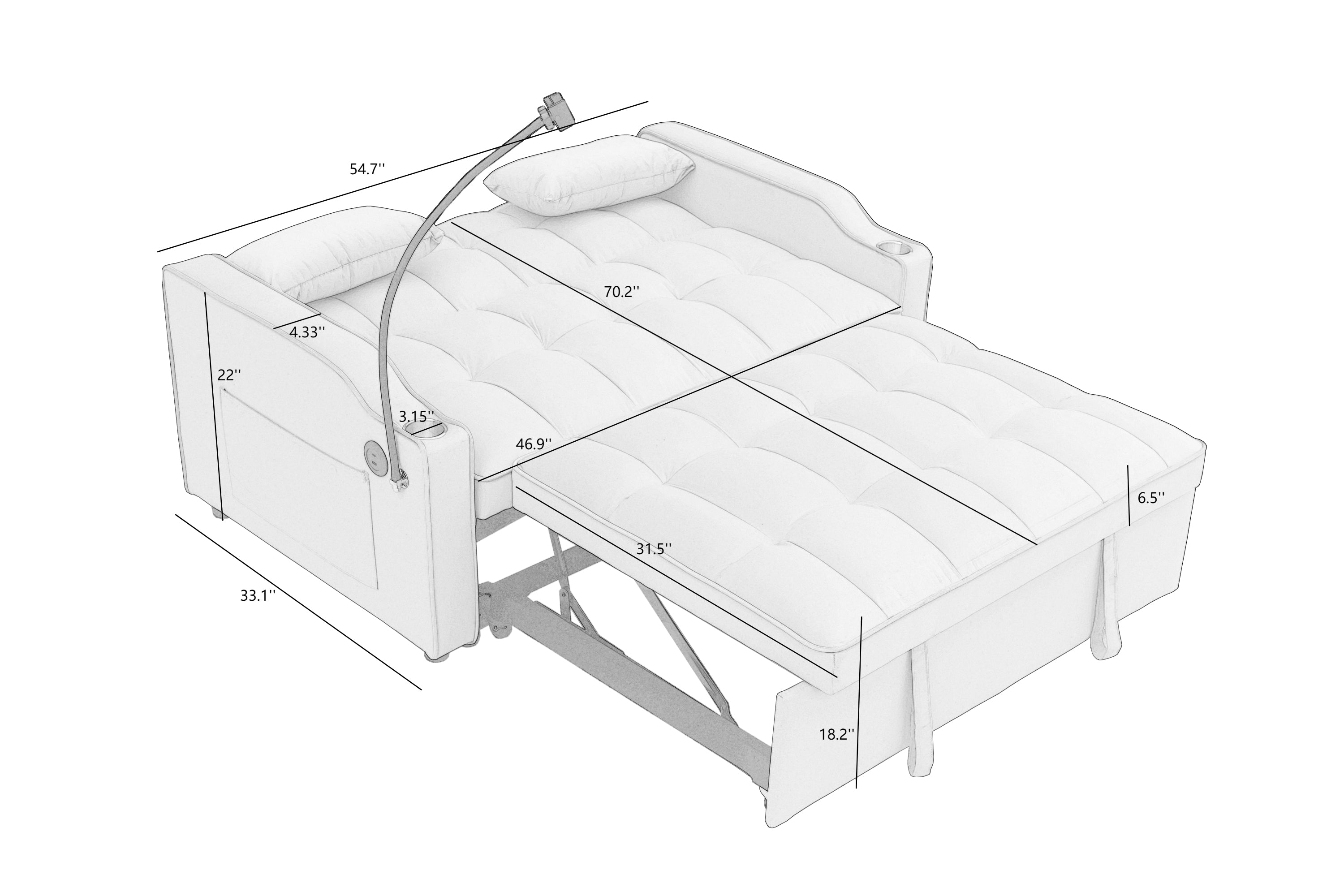 1 Versatile Foldable Sofa Bed in 3 Lengths - Modern Suede Pull-Out Sleeper with Adjustable Back, USB Port, Ashtray & Swivel Phone Stand | Perfect for Small Apartments, Guest Rooms & Home Offices
