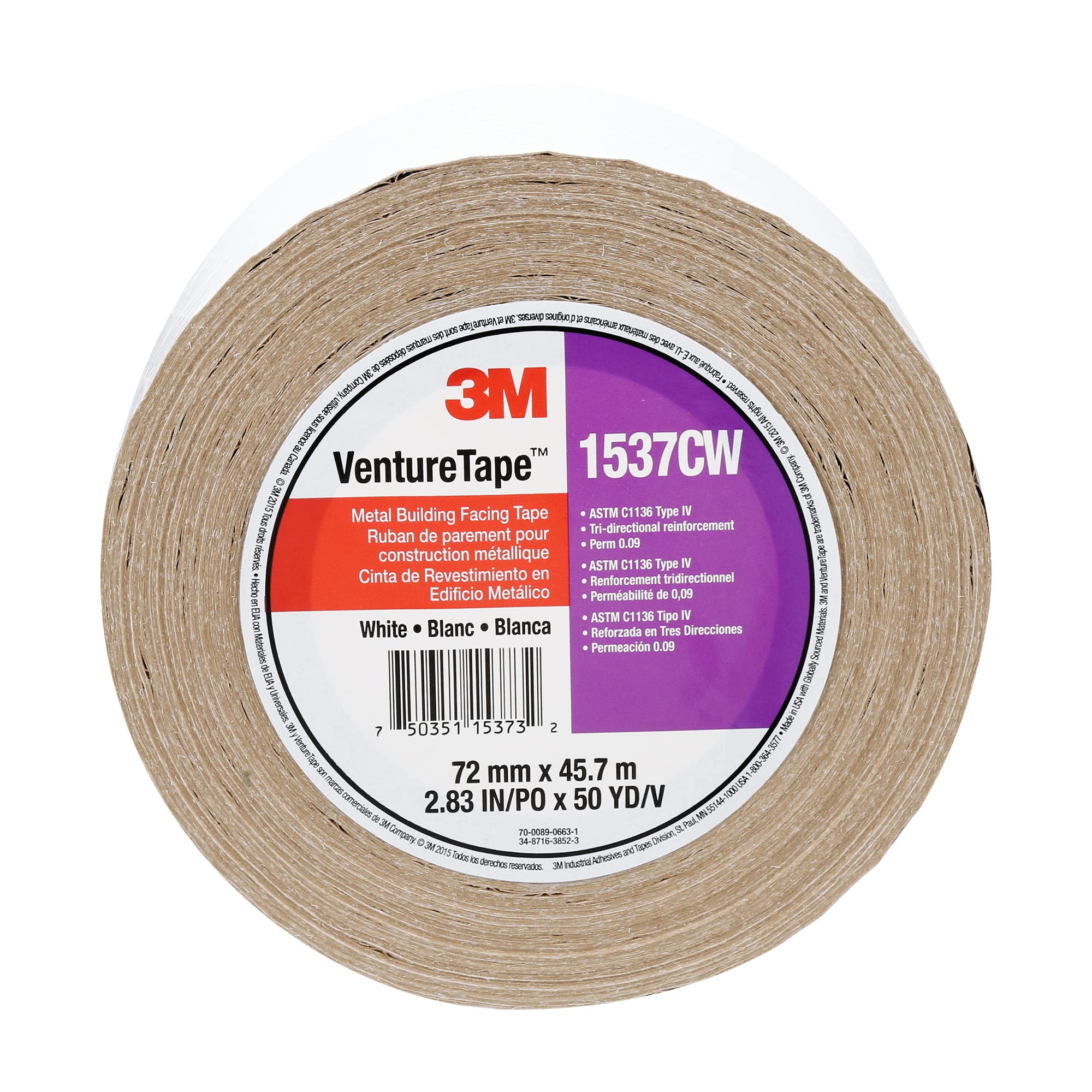 3M Metal Building Facing Tape 1537CW - White HVAC Tape (72mm x 45.7m, 16 Rolls/Case) for Sealing Joints, Seams & Insulation in Commercial Buildings