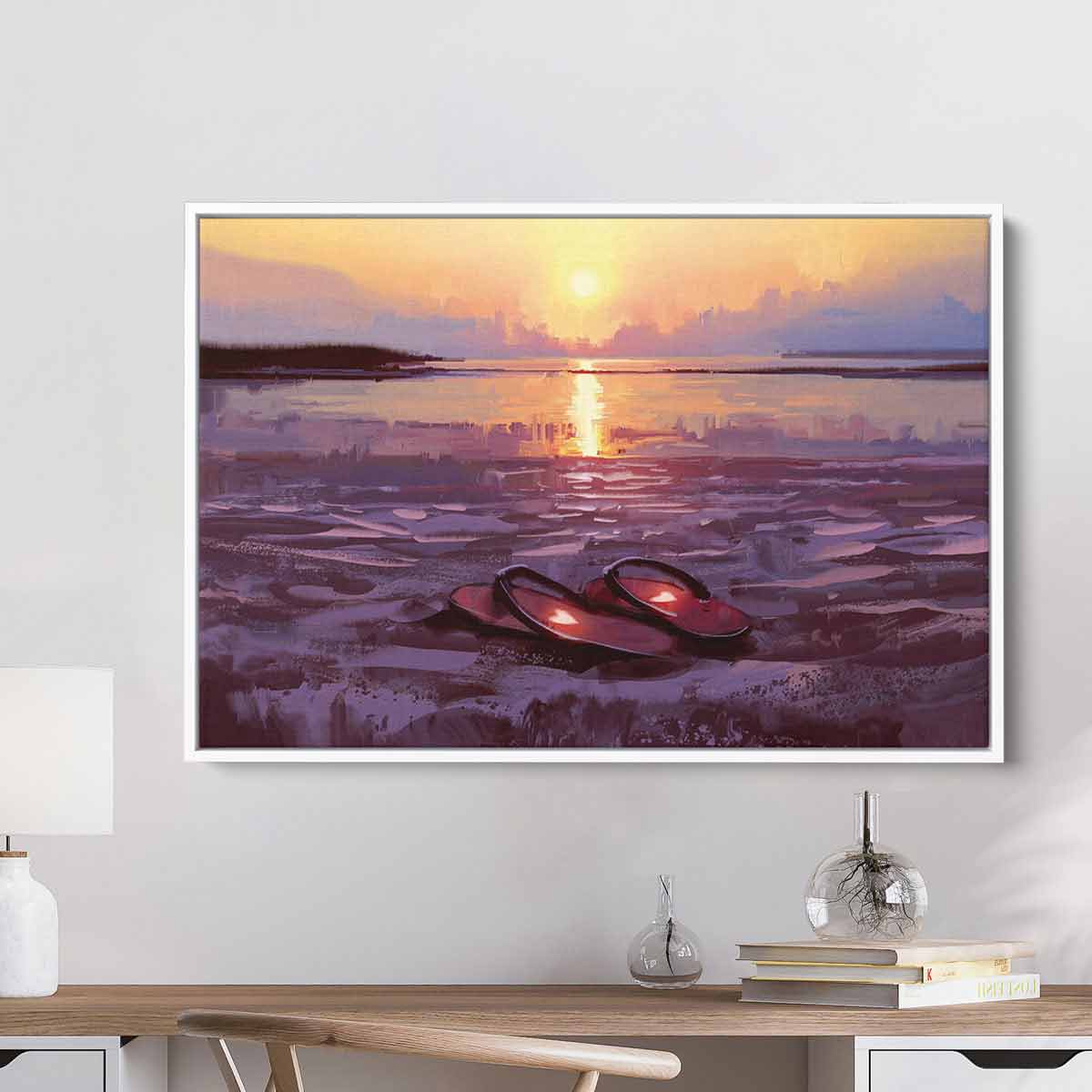 Purple Flip Flops Sunset Wall Art Canvas Print - Beach Decor for Living Room, Bedroom & Bathroom - 2688