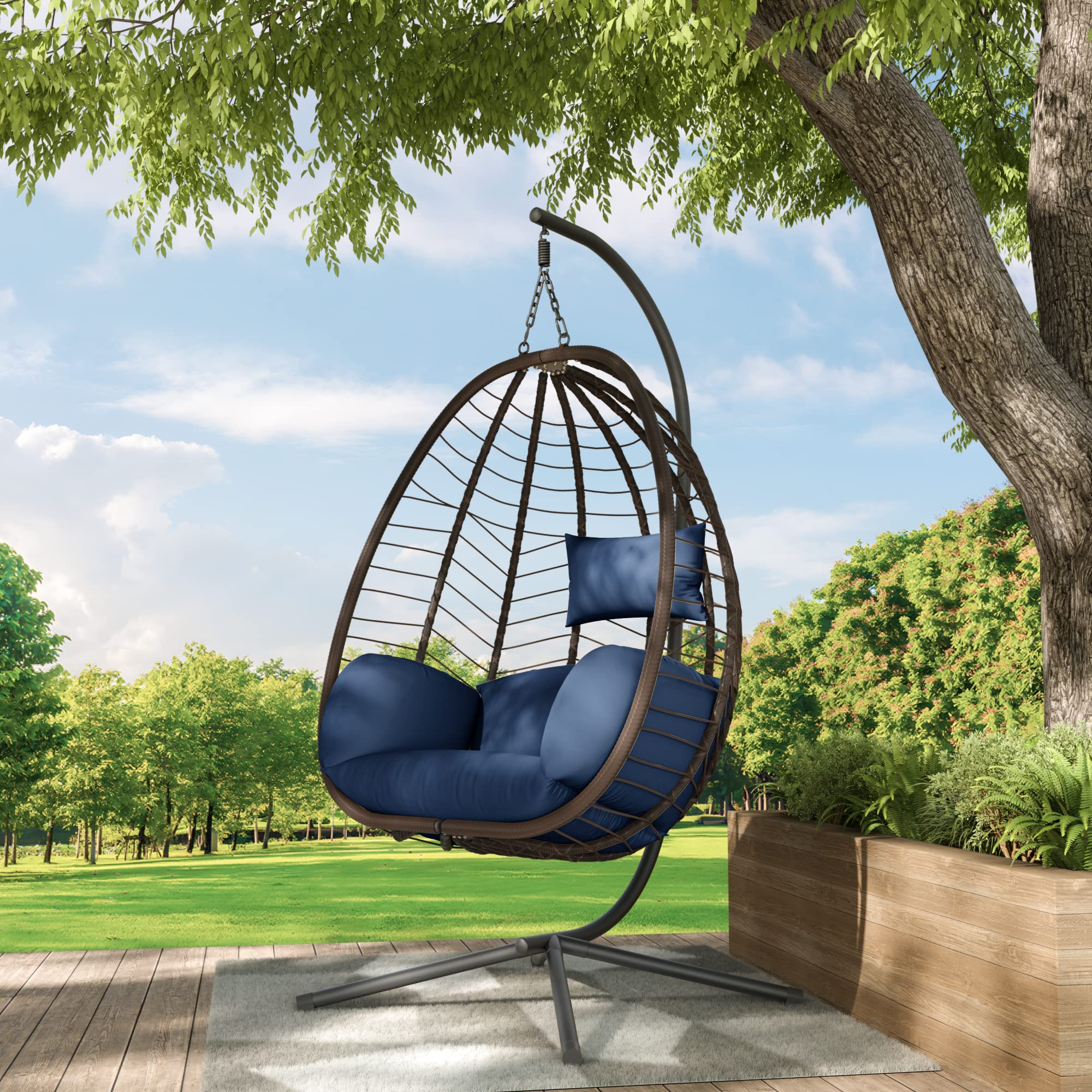 ALAULM Egg Swing Chair - Outdoor Indoor Wicker Rattan Hanging Chair with Stand, 350lbs Capacity, Strong Steel Frame & Dark Blue Cushions - Perfect for Patio, Balcony, Bedroom, Garden Relaxation and Boho Home Decor