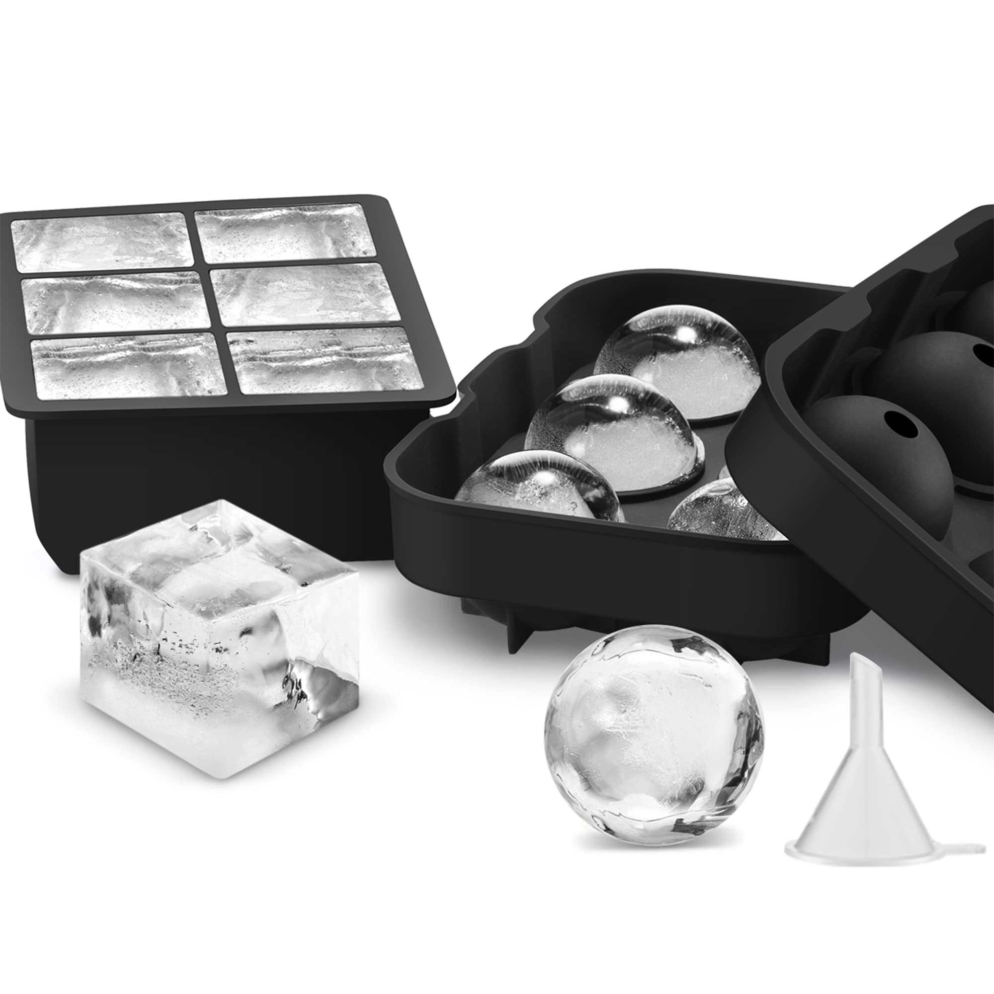 Premium Silicone Ice Cube Trays Set of 2 - Large Sphere Mold with Lid & Square Tray for Whiskey, Bourbon, Cocktails | Easy Release Freezer Safe Ice Ball Maker | Perfect for Home Bars, Parties, Gifts (Black)