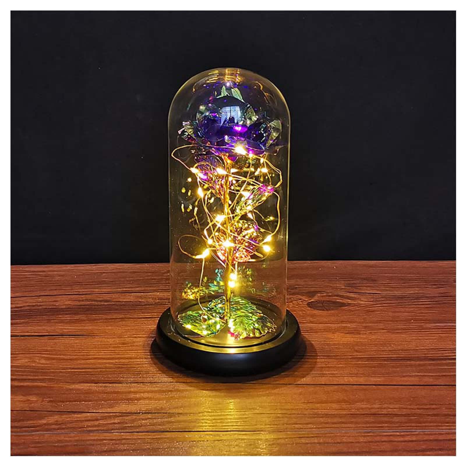 Eternal Glass Rose Gift for Women - LED Light Up Artificial Flower in Glass Dome with Fairy Lights (Purple & Warm White) - Perfect for Valentine's Day, Anniversary, Birthday & Home Decor