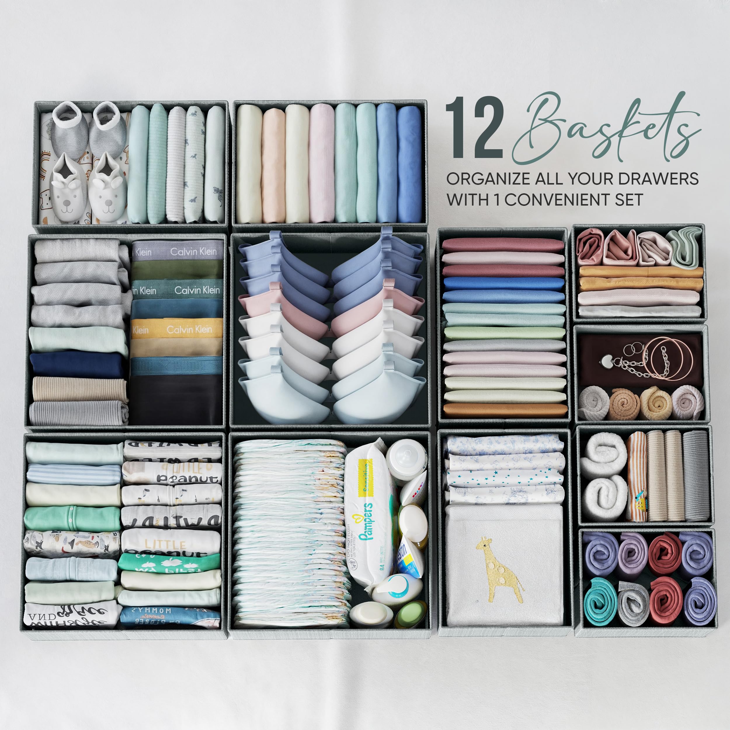 12-Piece Grey Drawer Organizer Set for Clothes - Baby Dresser Organizer for Nursery, Bedroom & Closet Storage - Perfect for Baby Clothes, Socks, Underwear & Accessories Organization - Ideal for Nursery, Kids Room & Home Organization