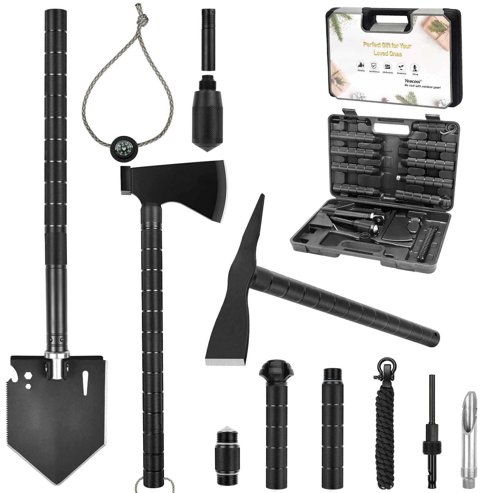 Yeacool Survival Shovel Axe Multi-Tool - Military Grade Folding Camping Shovel with Pickaxe & Carrying Case - Perfect for Off-Roading, Hiking, Metal Detecting & Emergency Outdoor Adventures