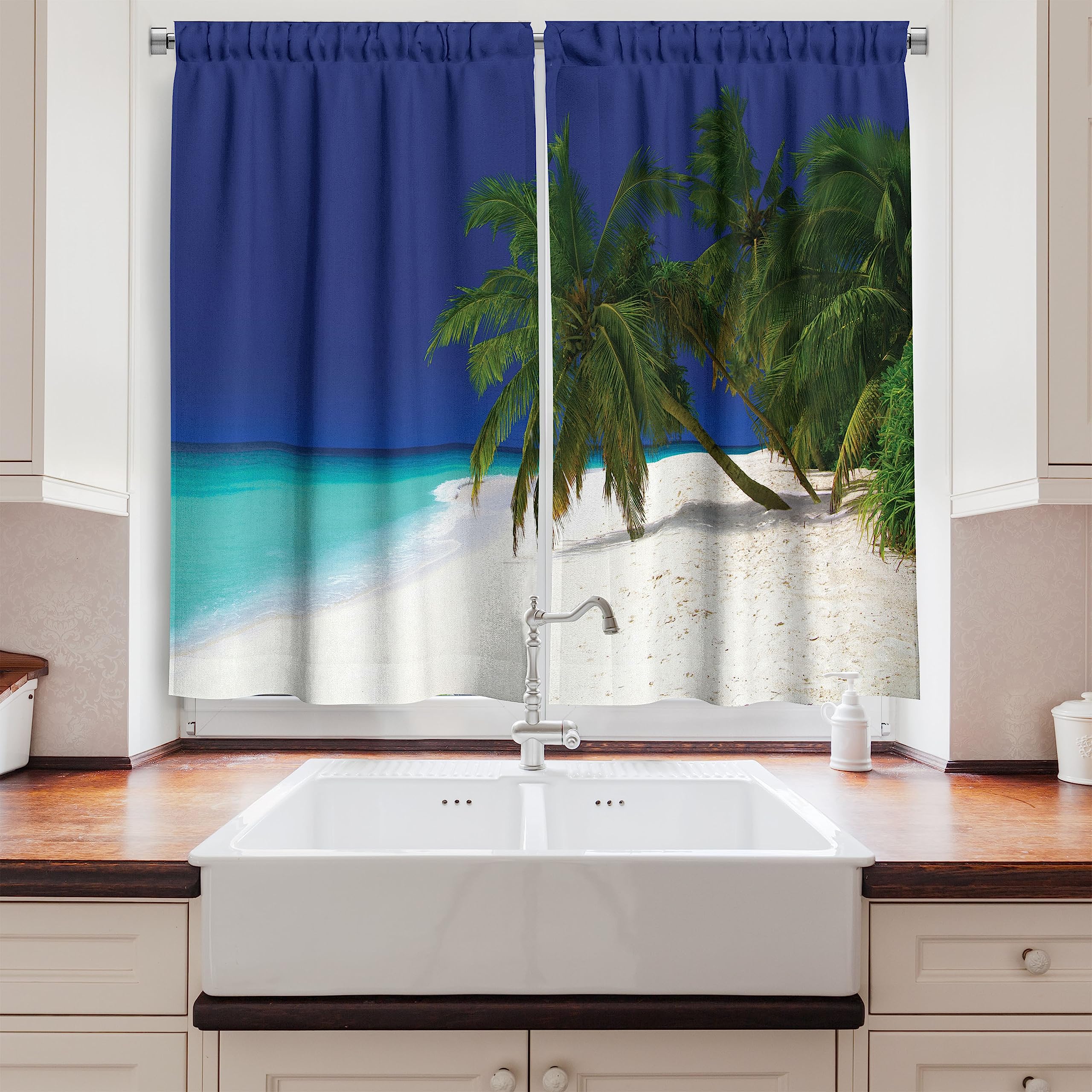 Ambesonne Ocean Themed Long Kitchen Curtains - Tropical Island Coastal Print Drapes with Rod Pocket, Navy Blue & White, 55