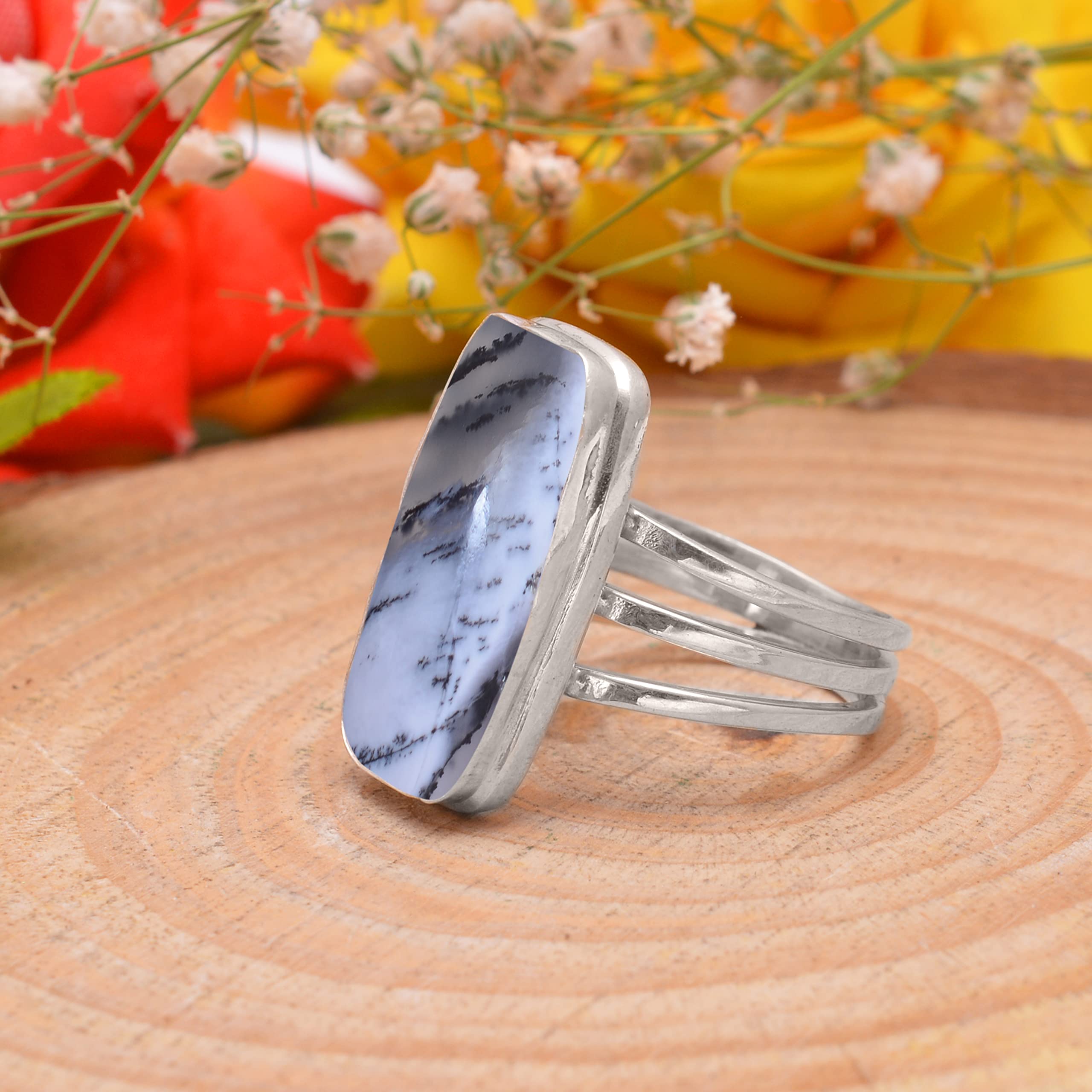 Veracity Jewelry Dendrite Opal & Dendritic Agate Ring for Women - 925 Sterling Silver Healing Meditation Ring - Black & White Gemstone Jewelry for Spiritual Energy & Chakra Balancing - Perfect for Yoga, Reiki & Mindful Living - VSR-797