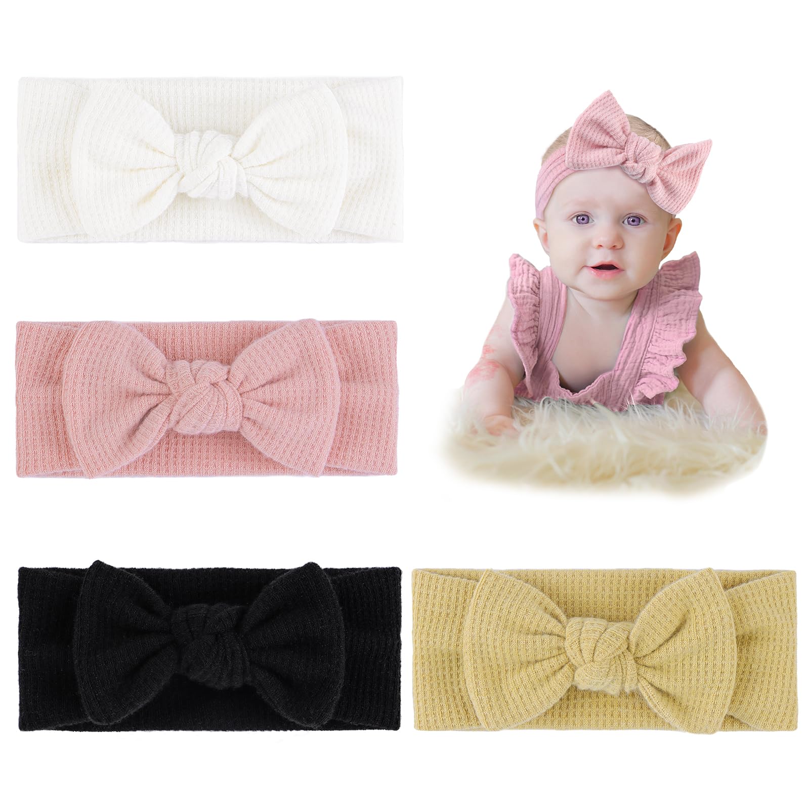 YanJie Soft Handmade Baby Girl Headbands & Bows - Newborn Headwrap Hair Accessories for Infant Toddler (Black, White, Pink, Curcuma) - Perfect for Photoshoots, Birthday Parties & Daily Outfits