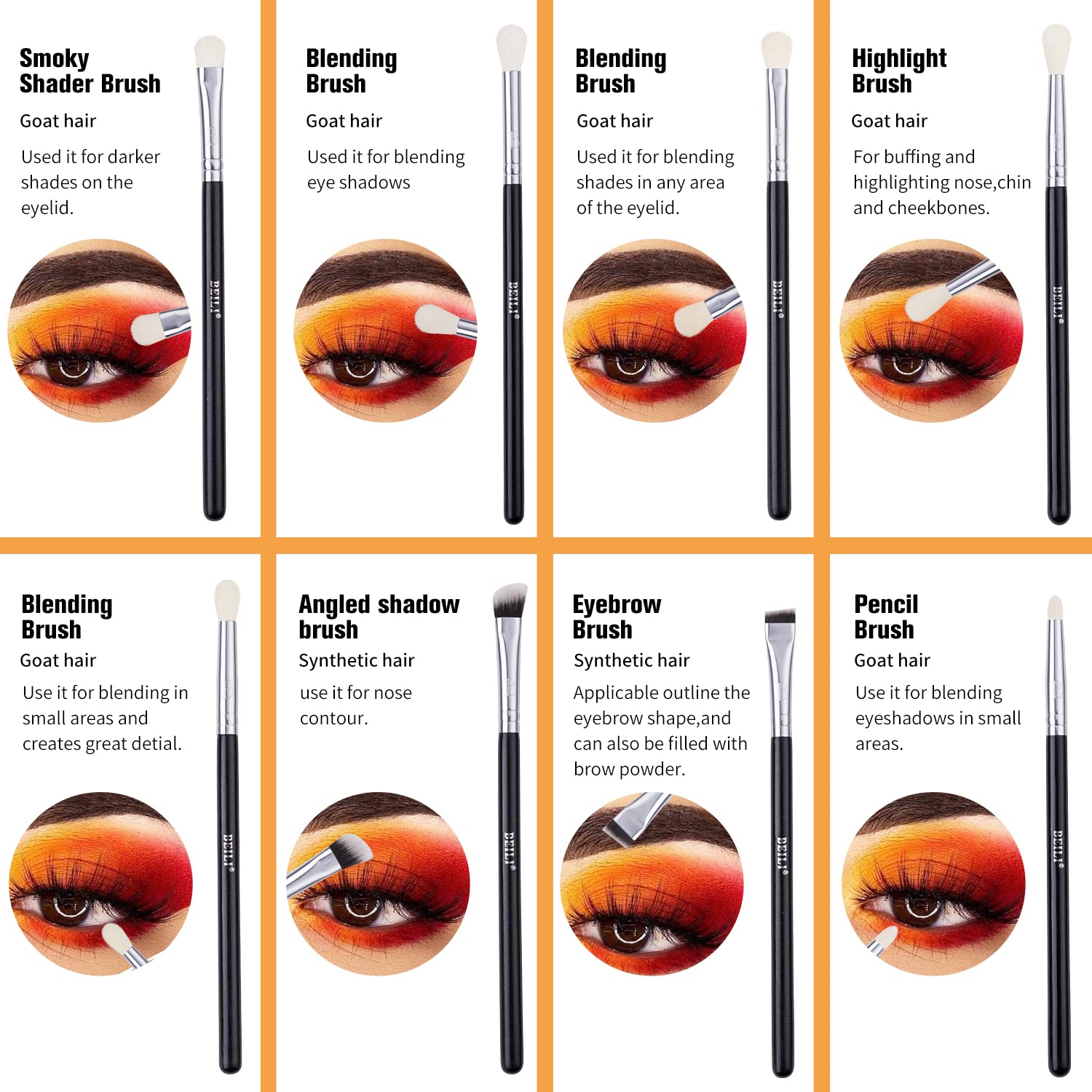 Professional 8-Piece BEILI Eyeshadow Brush Set - Soft Natural Goat Hair Blending Brushes for Eyelids & Eye Makeup | Perfect for Daily Use, Travel & Professional Makeup Artists
