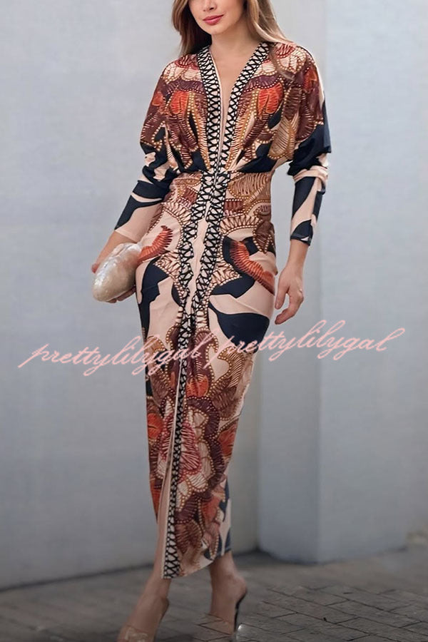 Verra Unique Print Dolman Long Sleeve Ruched Slit Midi Dress for Women | Flowy Boho Chic Dress for Casual Outings, Date Nights & Special Occasions