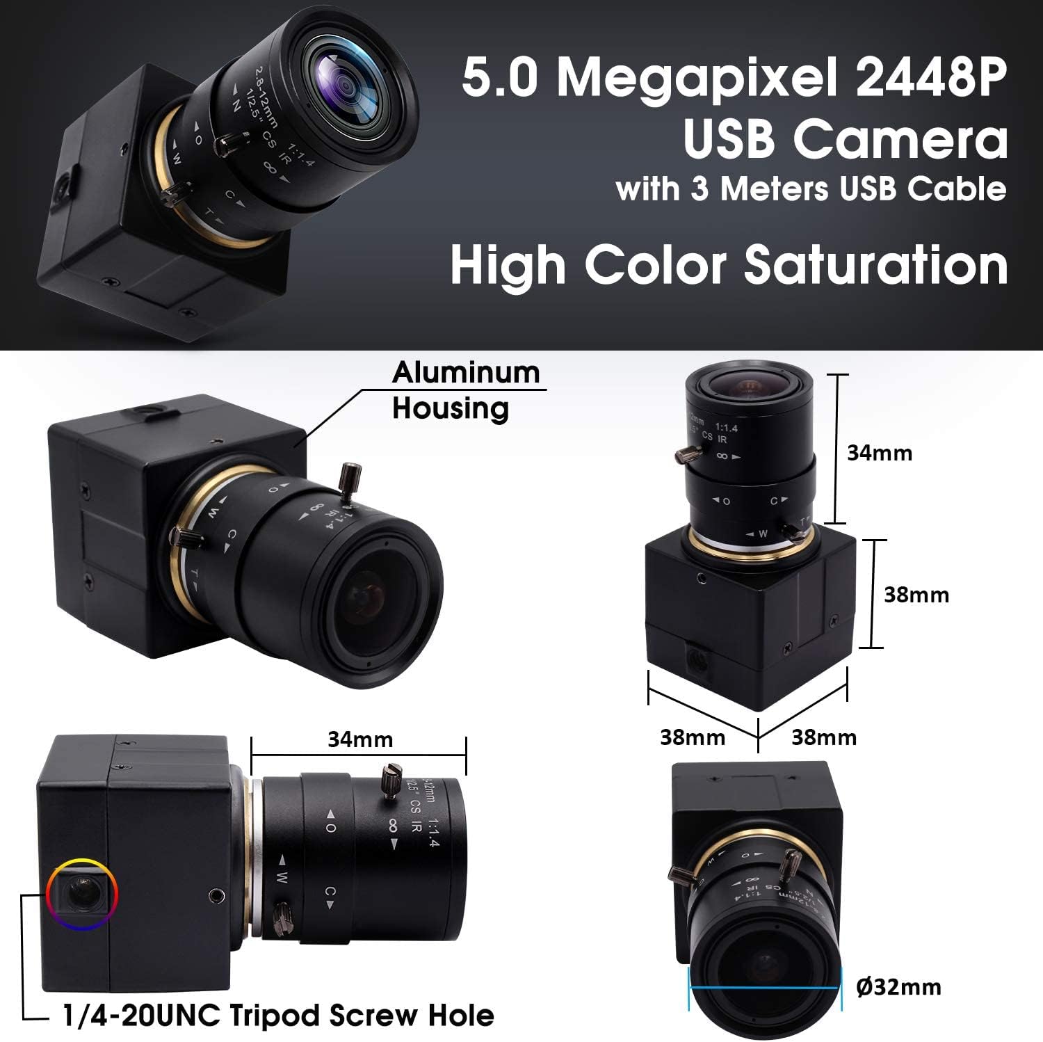 5MP USB Webcam with 2.8-12mm Manual Zoom Lens | UVC USB 2.0 PC Camera | Variable Focus for Computers, Laptops & Raspberry Pi | Perfect for Video Conferencing, Live Streaming & Close-up Industrial Inspection