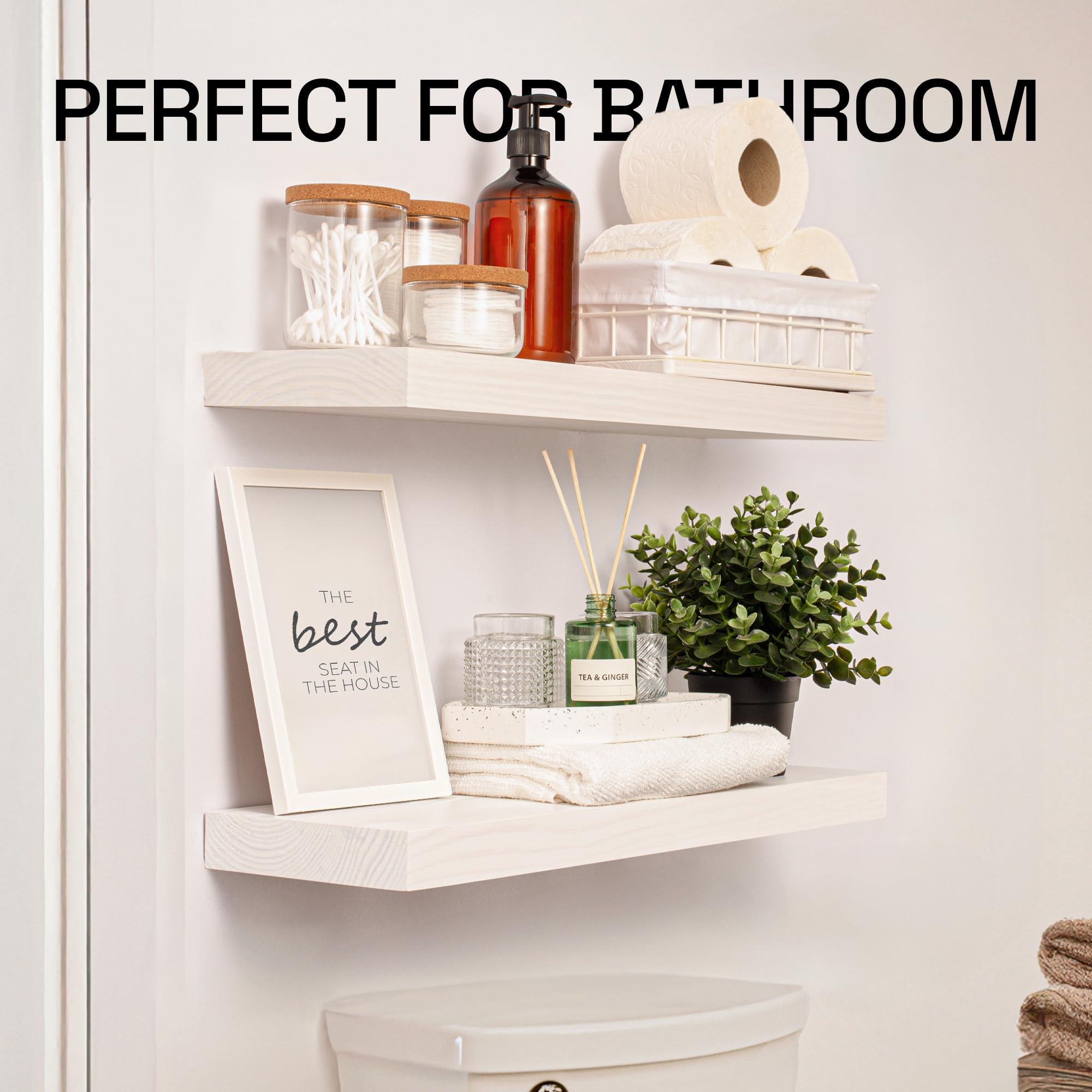 BAOBAB WORKSHOP 24 Inch Floating Shelves Set of 2 - White Wood Wall Mounted Shelves for Bathroom, Kitchen, Living Room & Bedroom - 24 x 6.7 Inch Rustic Home Decor Storage Solution