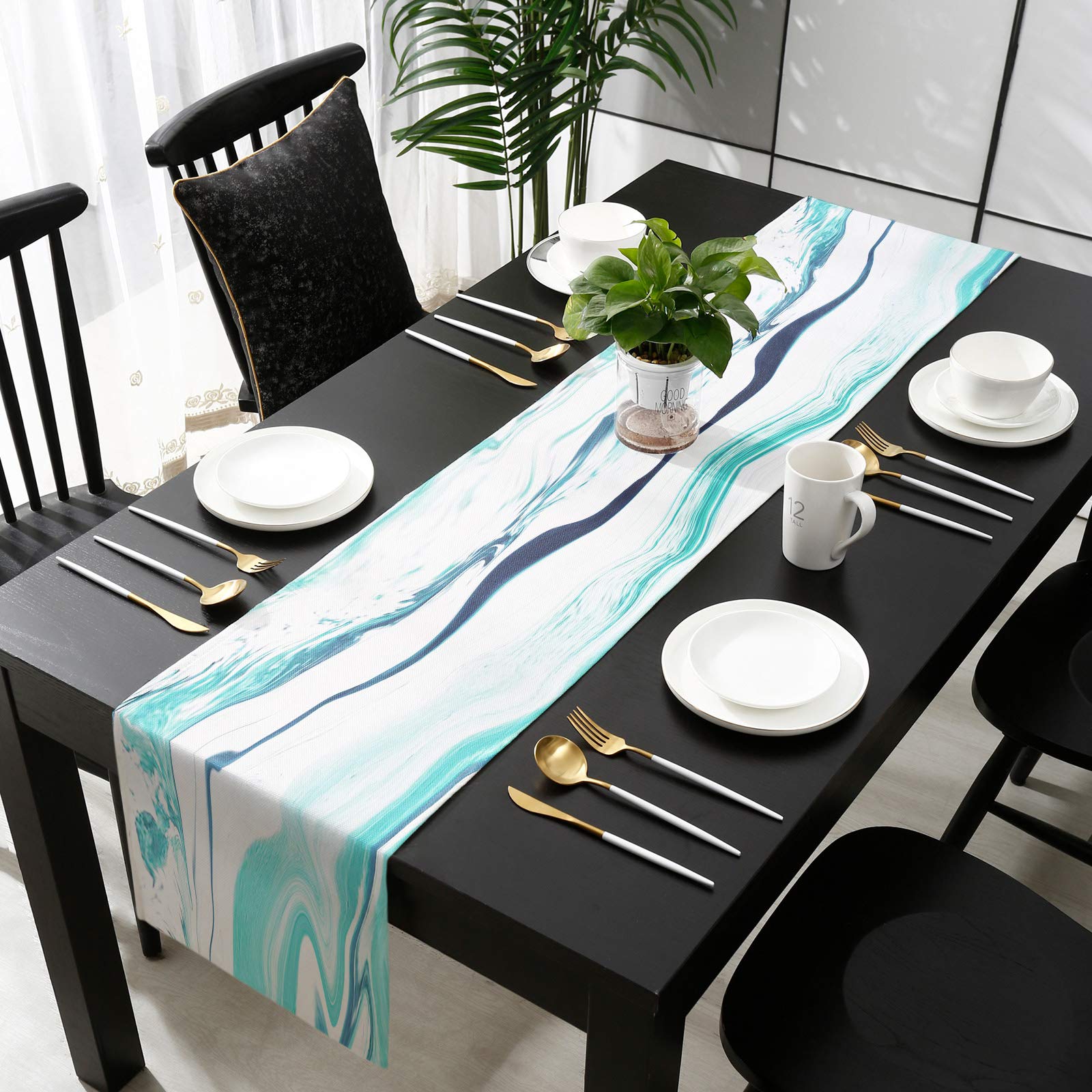 90 Inch Burlap Linen Table Runner - Water Ripple Blur Design, Teal Turquoise Farmhouse Decor for Kitchen, Dining Table, Dresser | Perfect for Wedding, Banquet, Coffee Table & Party Decorations