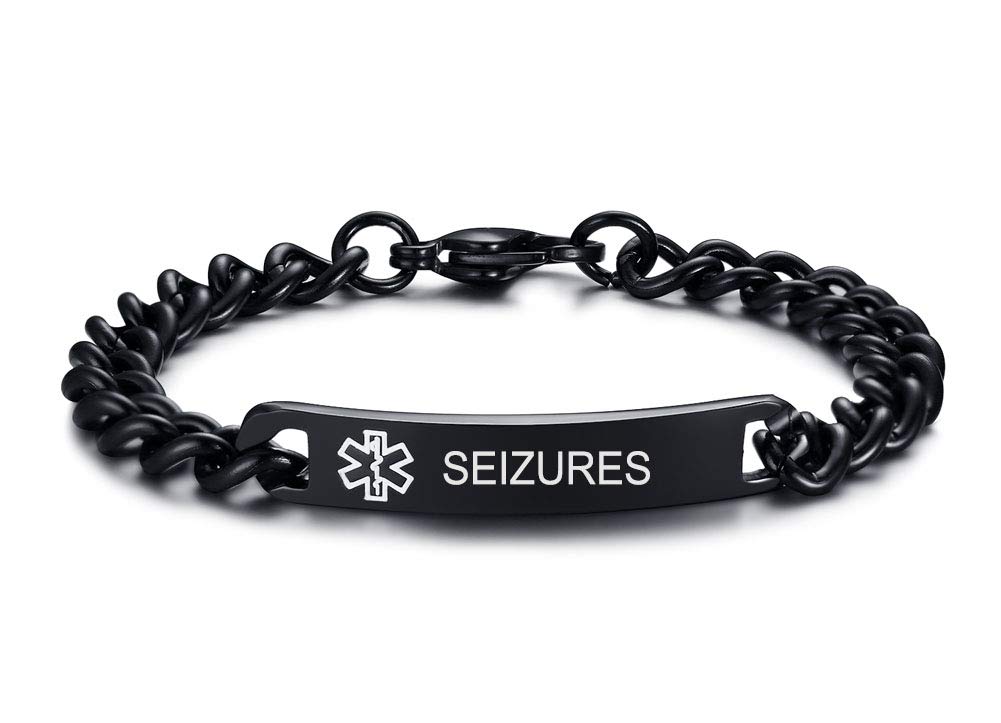MEALGUET SEIZURES Medical Alert Bracelet - 8mm High Polished Surgical Steel Chain Emergency ID Bracelet for Women & Men (Black) - Perfect for Epilepsy, Diabetes & Allergy Warnings
