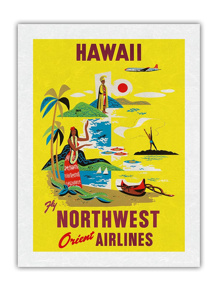 Vintage 1960s Hawaii Travel Poster - Northwest Orient Airlines Retro Art Print - Premium Unryu Rice Paper 24x32 Inch - Wall Decor for Home, Office & Hawaiian Theme Parties