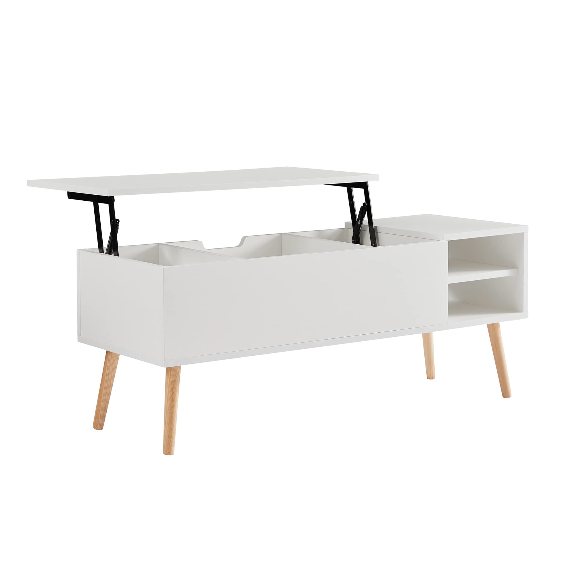 Retro Lift Top Coffee Table with Storage - Solid Wood Legs, Adjustable Height & Hidden Compartment - Modern Matte White Cocktail Table for Living Room - Perfect for Small Spaces, Home Office & Entertaining Guests