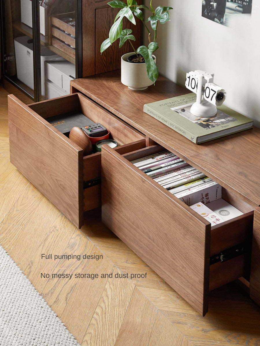 Premium Black Walnut & Ash Solid Wood TV Stand with Floor Splicing Design - Perfect for Living Room, Home Theater & Entertainment Center Setup
