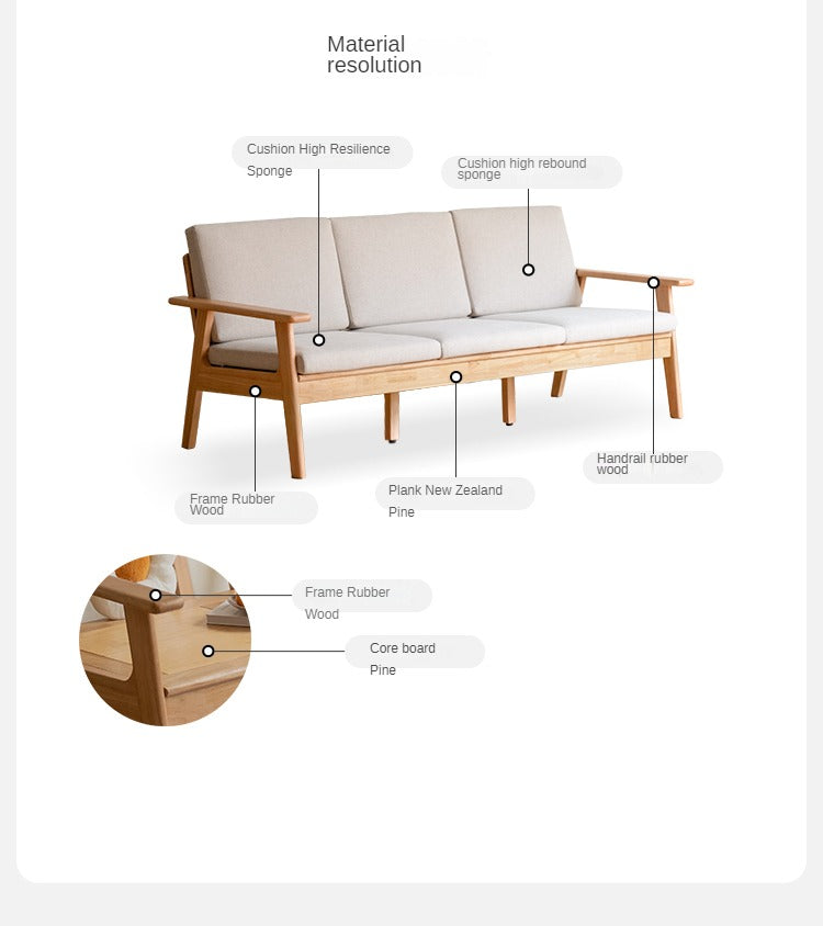 Pine Solid Wood 3-Seat Rubber Wood Straight Sofa - Durable & Stylish Living Room Furniture for Home, Office, or Lounge