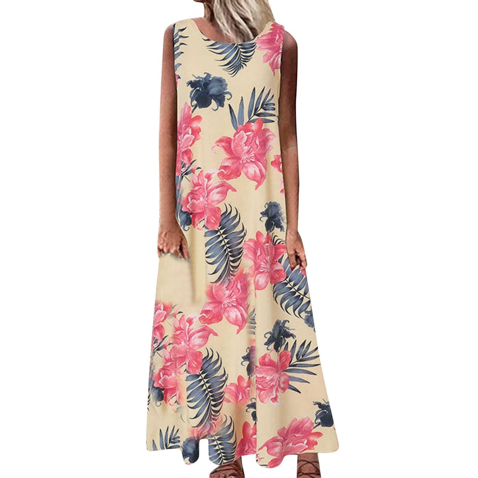 UYTOGOFE Women's Summer Sleeveless Floral Print Maxi Dress - Loose Fit Casual Long Dress for Beach, Vacation & Outdoor Activities