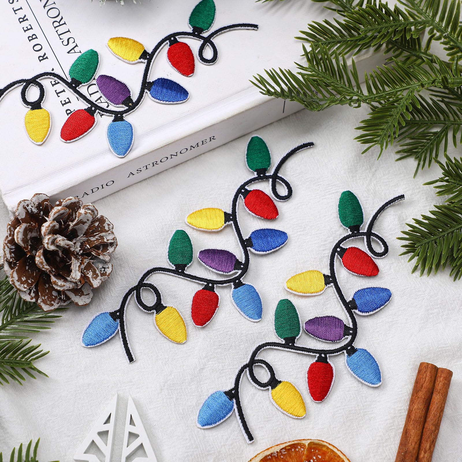 Hoolerry 14Pcs Christmas Iron on Patches - Holiday Lights Embroidery Appliques for DIY Crafts, Clothing, Jeans, Hats & Sweaters - Bulk Polyester Cotton Decorative Patches for Festive Home Decor & Gift Wrapping