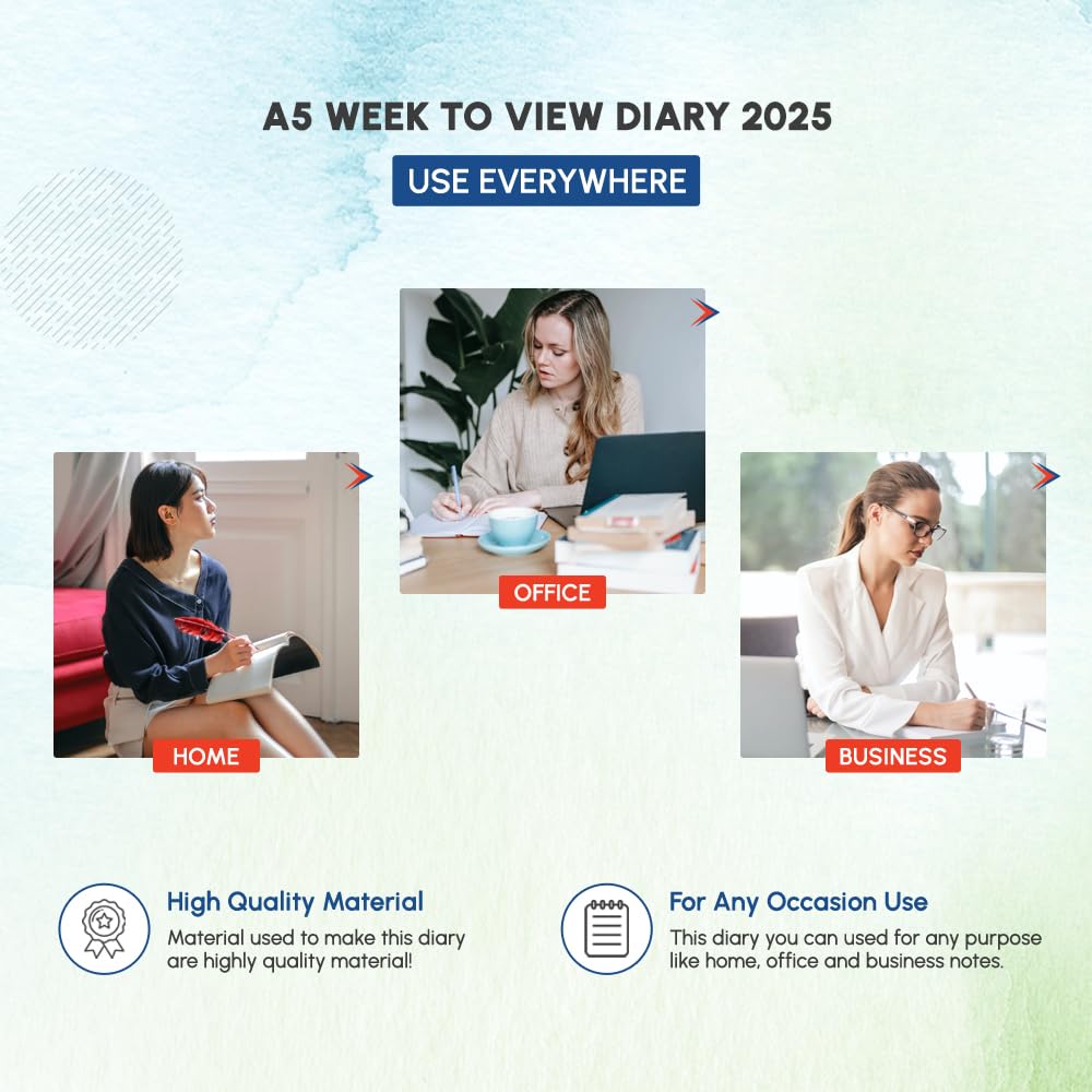 1ABOVE 2025 A5 Week-to-View Diary Planner - 60gsm Paper, Hardback Casebound Cover - Perfect for Home, Office & School Organization (Red)