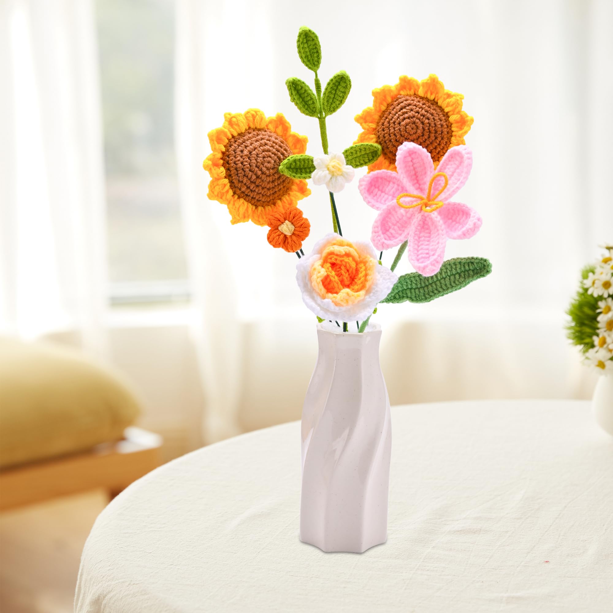 Handmade Crochet Flower Bouquet Gift Set - 7Pcs Tulips, Sunflowers & Roses Floral Arrangement for Women, Mom, Wife - Perfect for Anniversary, Graduation, Wedding Decor - Home & Office Decoration (Orange)