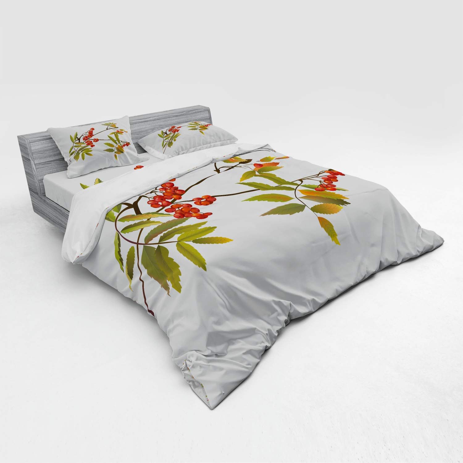 Ambesonne Rowan King Size Duvet Cover Set - 3 Piece Botanical Ashberry Tree Branch Design, White Green Ruby Spring Gardening Theme | Perfect for Master Bedroom, Guest Room & Seasonal Decor