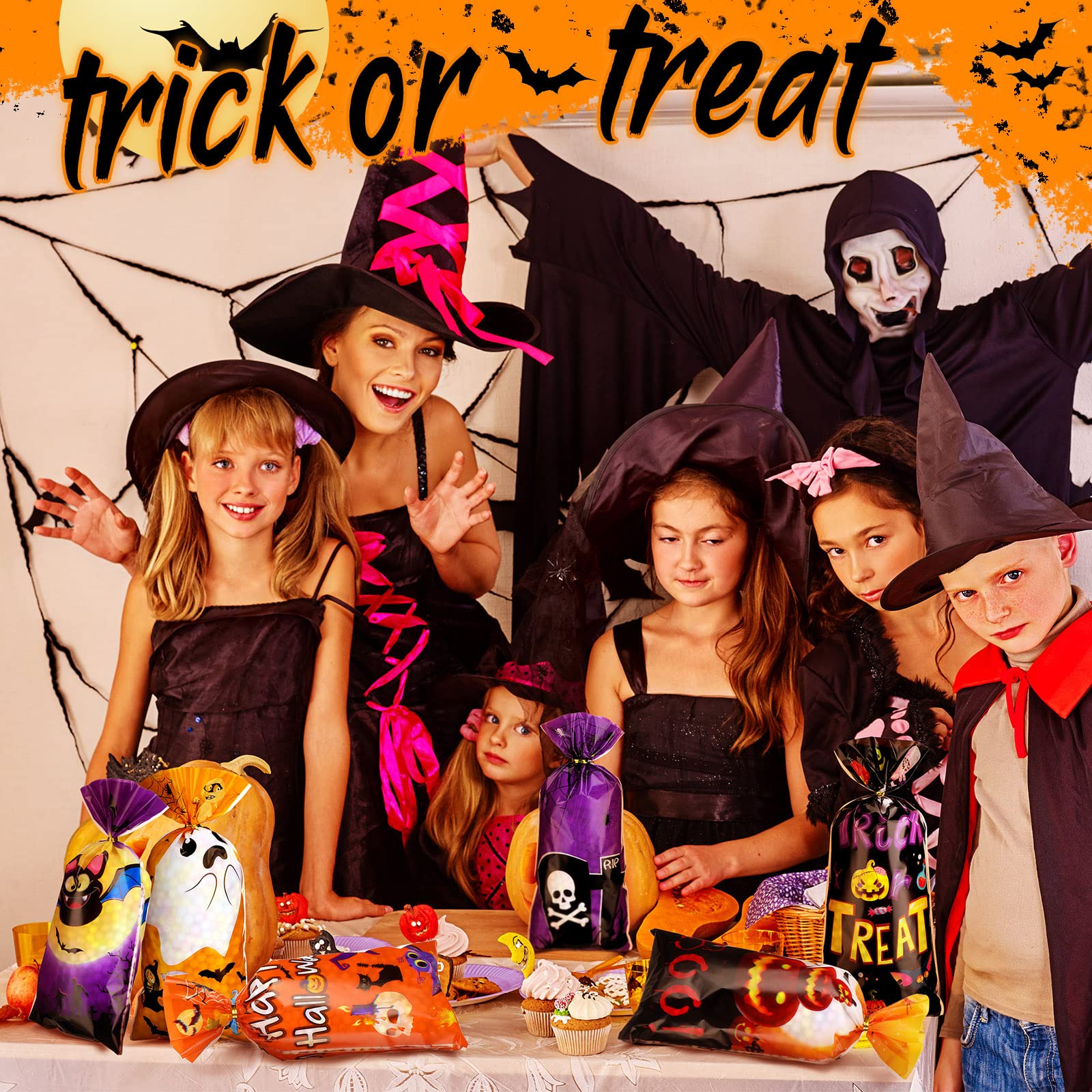 Hotop 120 Pcs Halloween Cellophane Bags with 150 Gold Twist Ties - Plastic Trick or Treat Candy Goodie Bags for Halloween Party Favors, Cookie Treats & Gift Wrapping