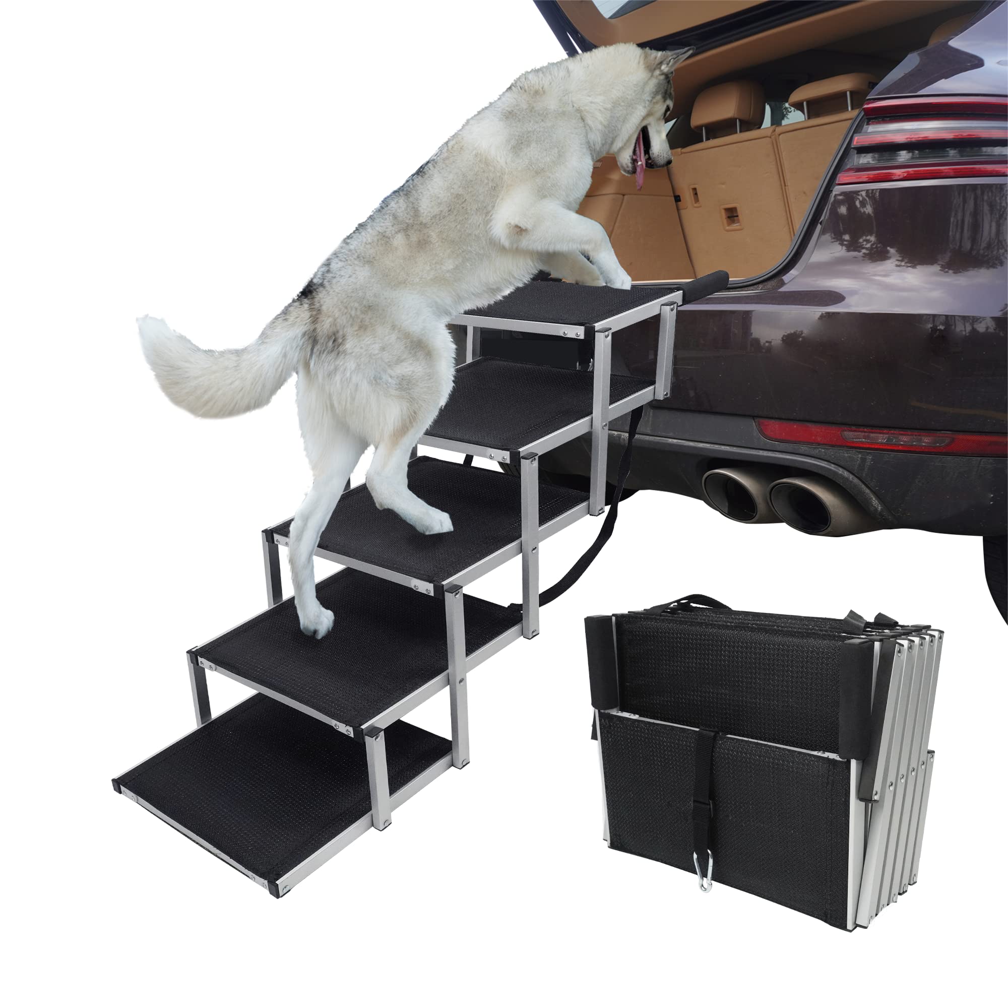 YEPHHO Foldable Aluminum Dog Ramp for Large Dogs - Lightweight & Sturdy Pet Stairs with Non-Slip Surface - Perfect for SUV, Truck, Bed & Car Access - 5-Step Pet Ladder for Easy Climbing (Great for Elderly or Injured Pets)