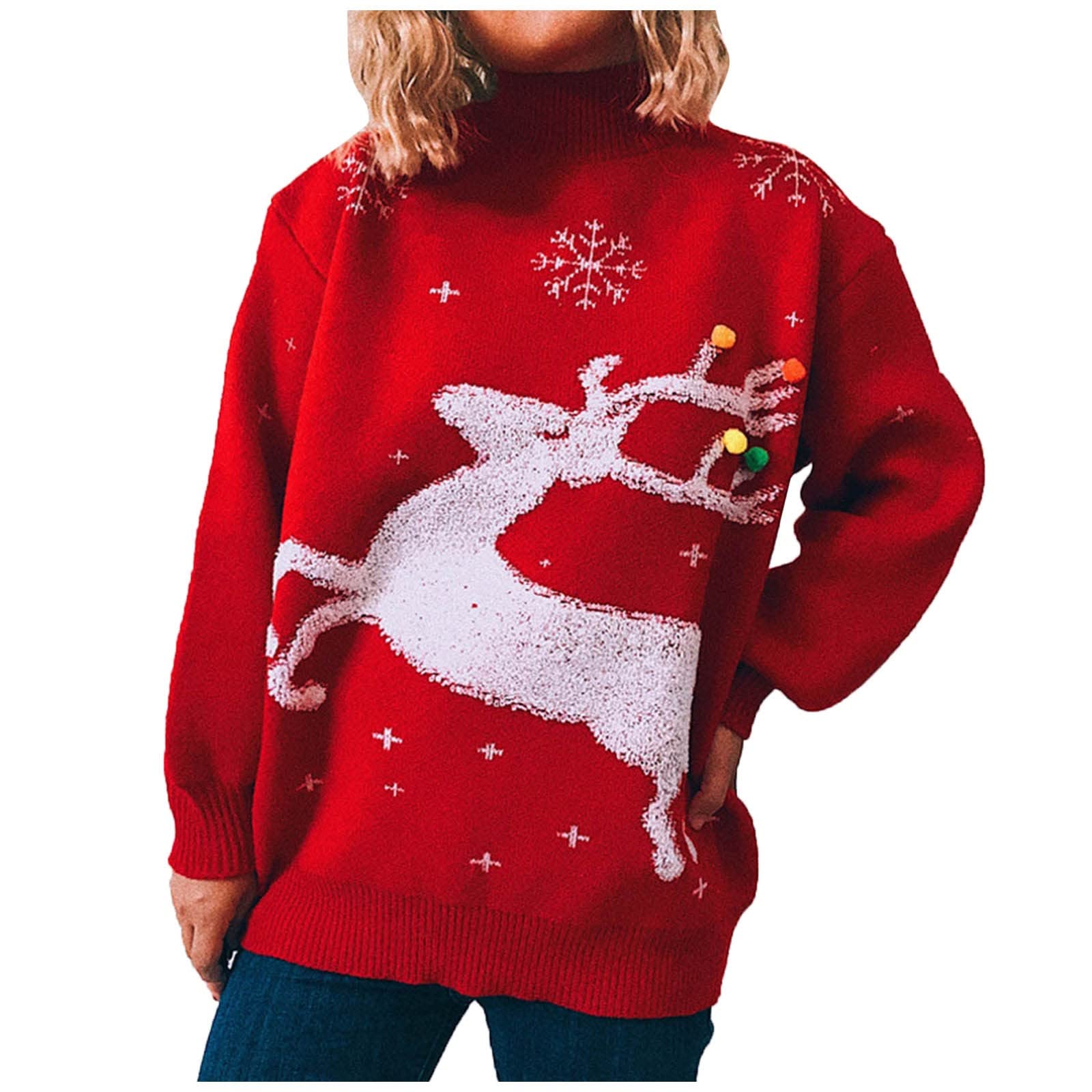 Women's Christmas Snowflake Deer Print Long Sweater - Cozy Winter Knit Pullover for Holiday Parties & Family Gatherings
