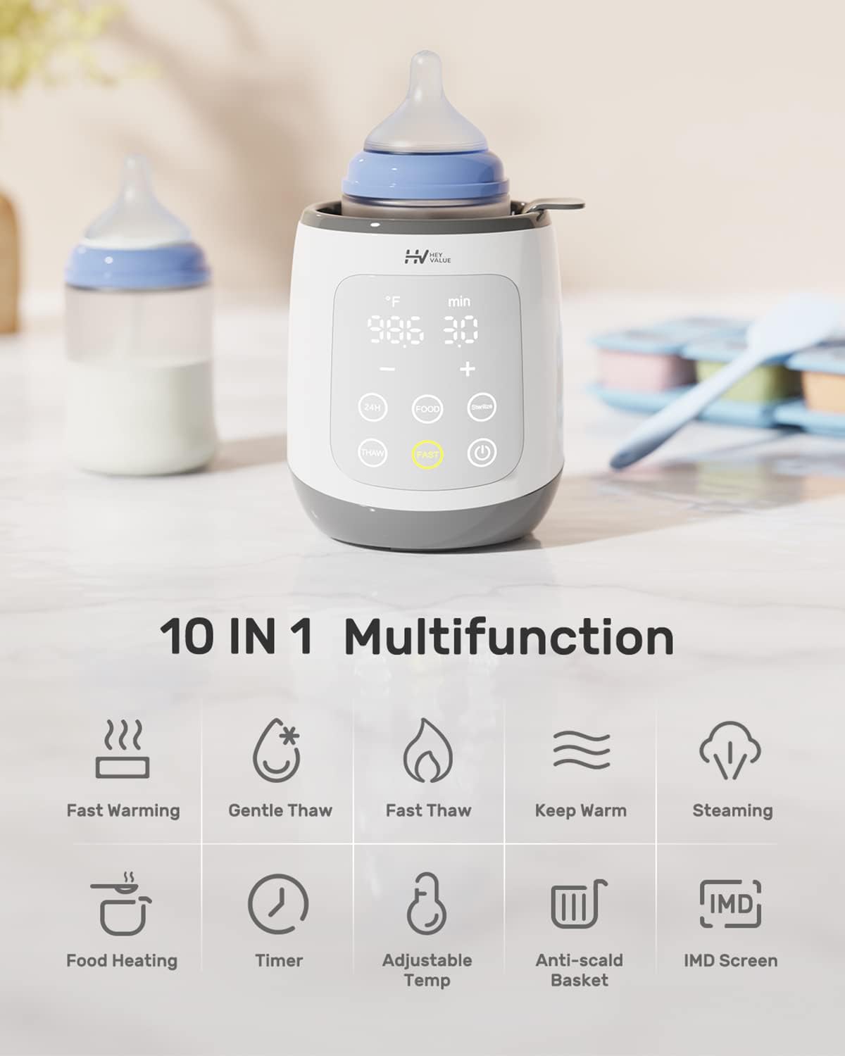 HEYVALUE 10-in-1 Bottle Warmer & Baby Food Heater - Fast BPA-Free Milk Warmer with LED Display & Precise Temperature Control for Breastmilk, Formula - Perfect for Night Feedings, Travel & Daycare Use