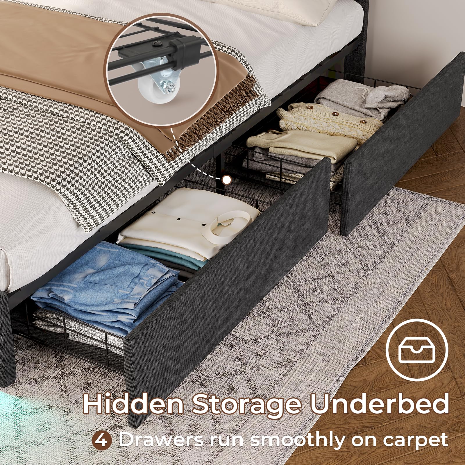 ADORNEVE Queen LED Bed Frame with 4 Storage Drawers & 2 USB Ports - Upholstered Platform Bed with Illuminated Headboard & Footboard, No Box Spring Required, Dark Grey - Perfect for Modern Bedrooms, Guest Rooms & Smart Home Setups