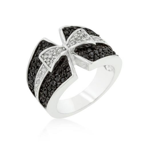 Elegant Jet Black & Clear Cubic Zirconia Bow Tie Ring for Women - Perfect for Weddings, Prom, Anniversary Gifts & Special Occasions