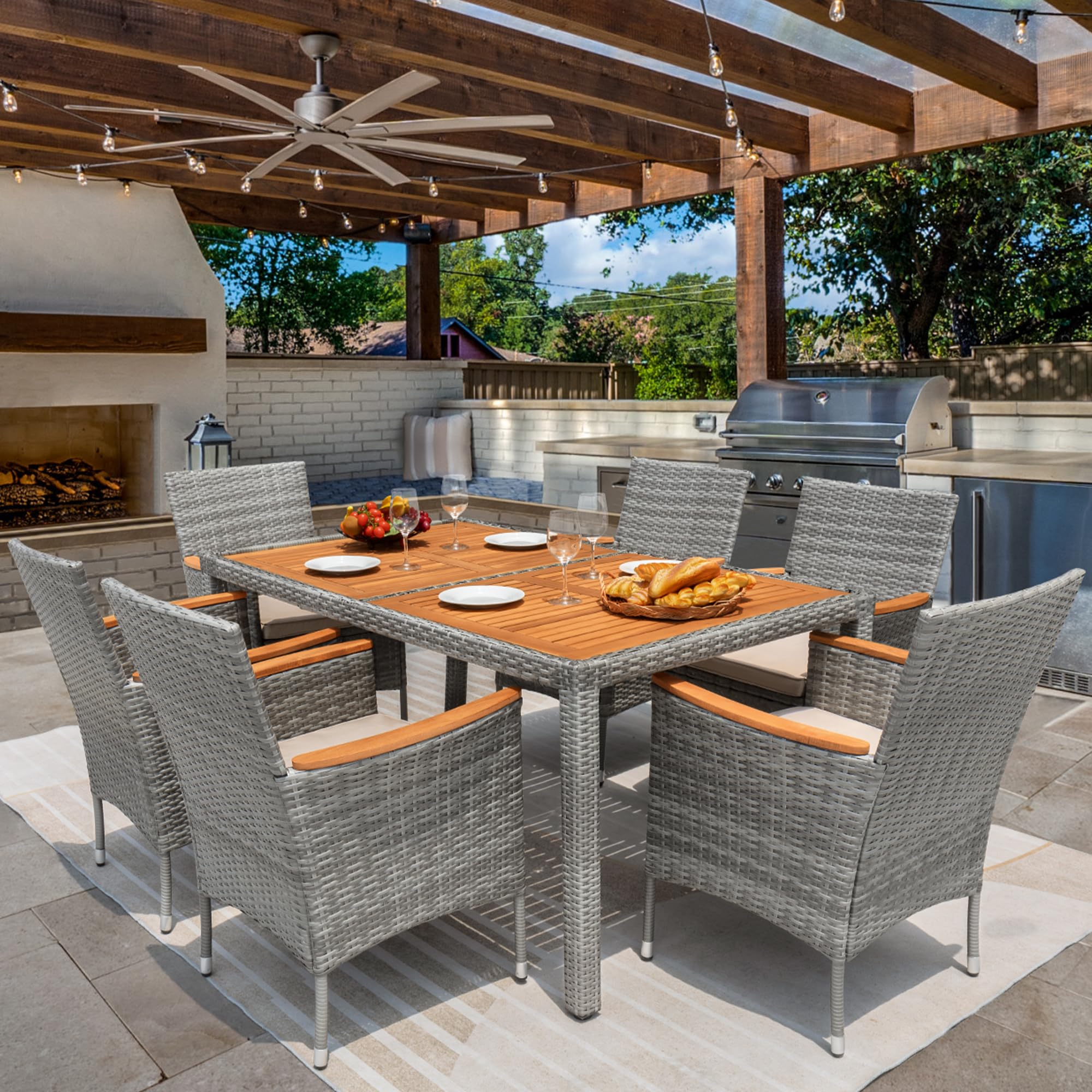 Premium 7-Piece Acacia Wood Patio Dining Set with Soft Cushions - Outdoor Wicker Furniture for Deck, Backyard & Garden - Weather-Resistant Grey Set for Al Fresco Dining & Entertaining