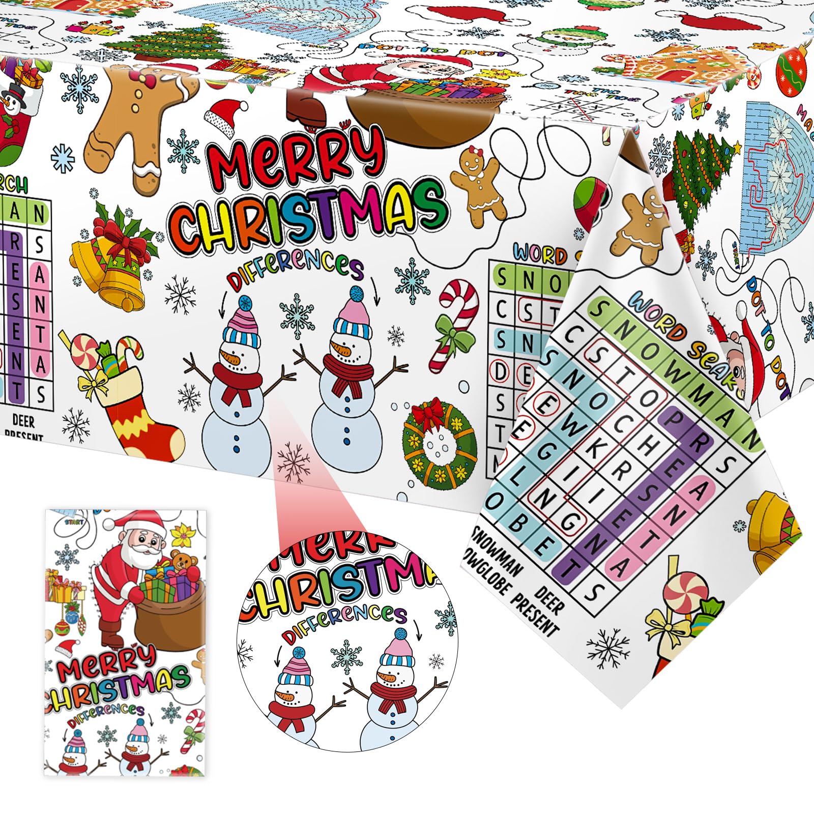 Giant Christmas Coloring Table Cover for Kids - Snowman & Santa Claus Winter Tablecloth with Snowflake Design - Perfect for Holiday Decorations, Parties & Family Activities