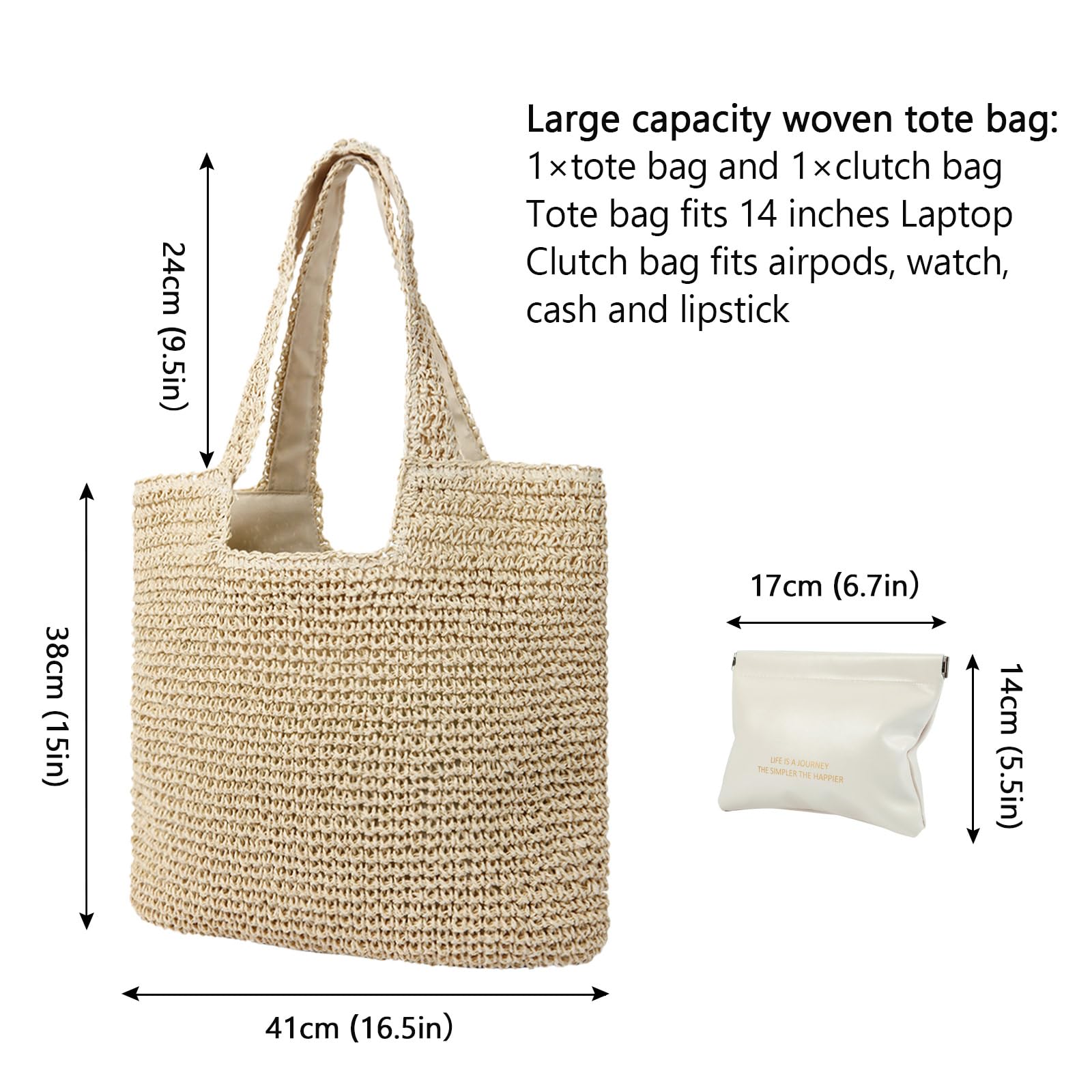 Large Straw Beach Bag for Women with Coin Purse - Woven Tote Summer Shoulder Handbag | Perfect for Vacation, Poolside, Travel & Shopping