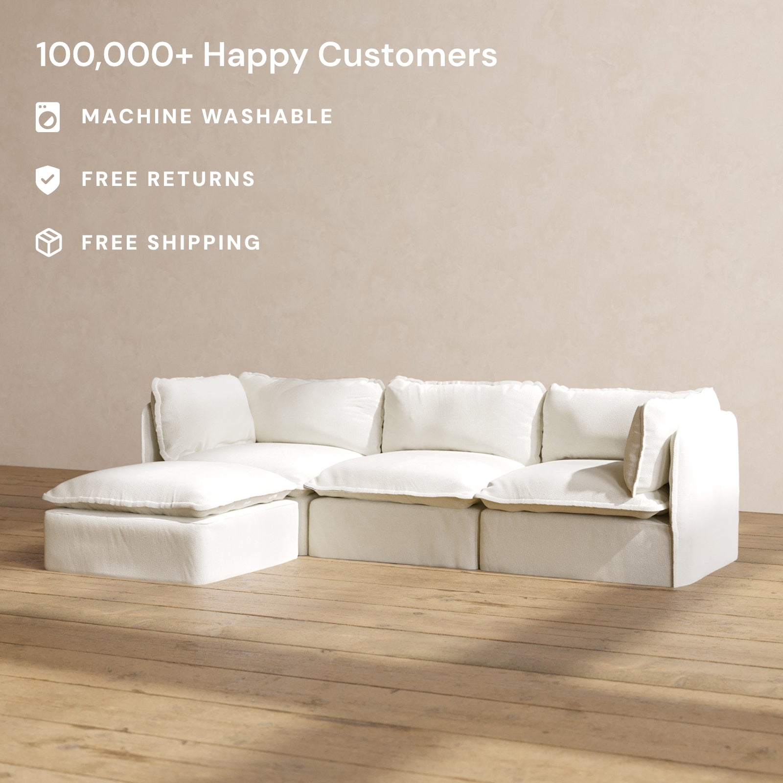 Modular Performance 3-Seater Sectional Sofa in Eggshell White | Relaxed Blend Fabric | Perfect for Living Room, Family Room & Home Theater