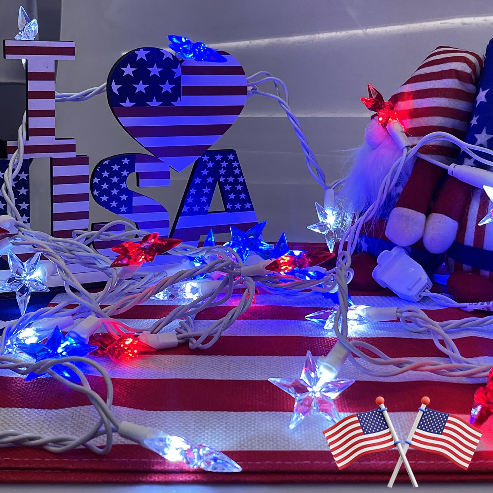 4th of July Patriotic LED String Lights - 35 Red White & Blue Star Fairy Lights for Independence Day Decorations | Outdoor Memorial Day Party Lights | Perfect for Porch, Yard, and Holiday Celebrations