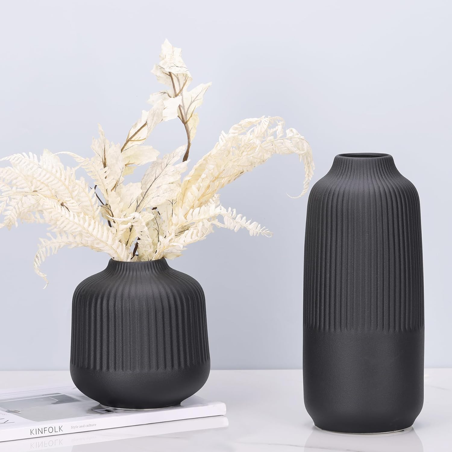 Matte Black Ceramic Flower Vase Set of 2 - 10 Inch Ribbed Nordic Style Vases for Fresh & Dried Flowers, Pampas Grass - Perfect for Home, Office & Shelf Decor - Elegant Centerpiece for Living Room, Dining Table & Wedding Arrangements